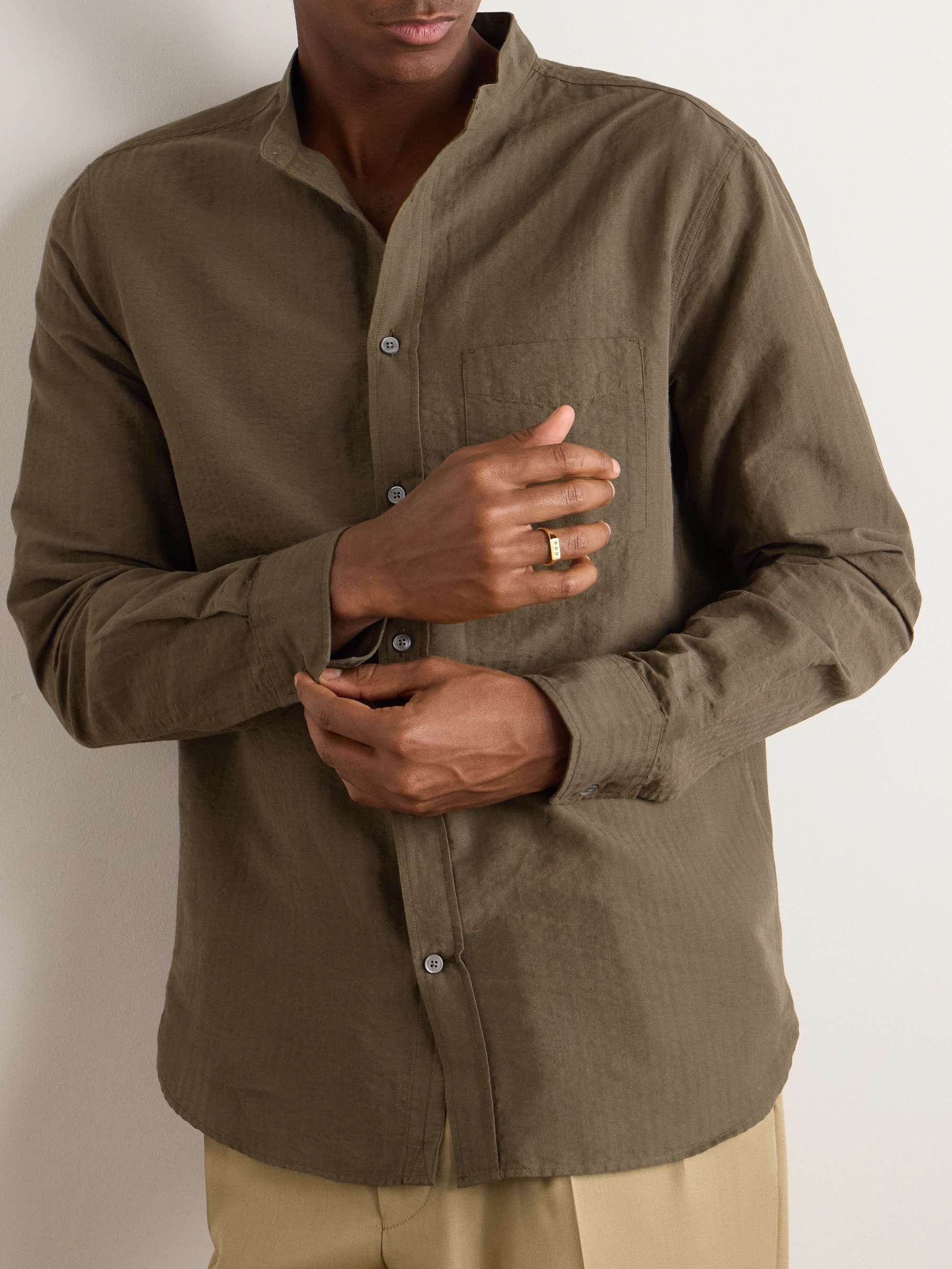 Grandad-Collar Organic Cotton and Linen-Blend Seersucker Shirt view