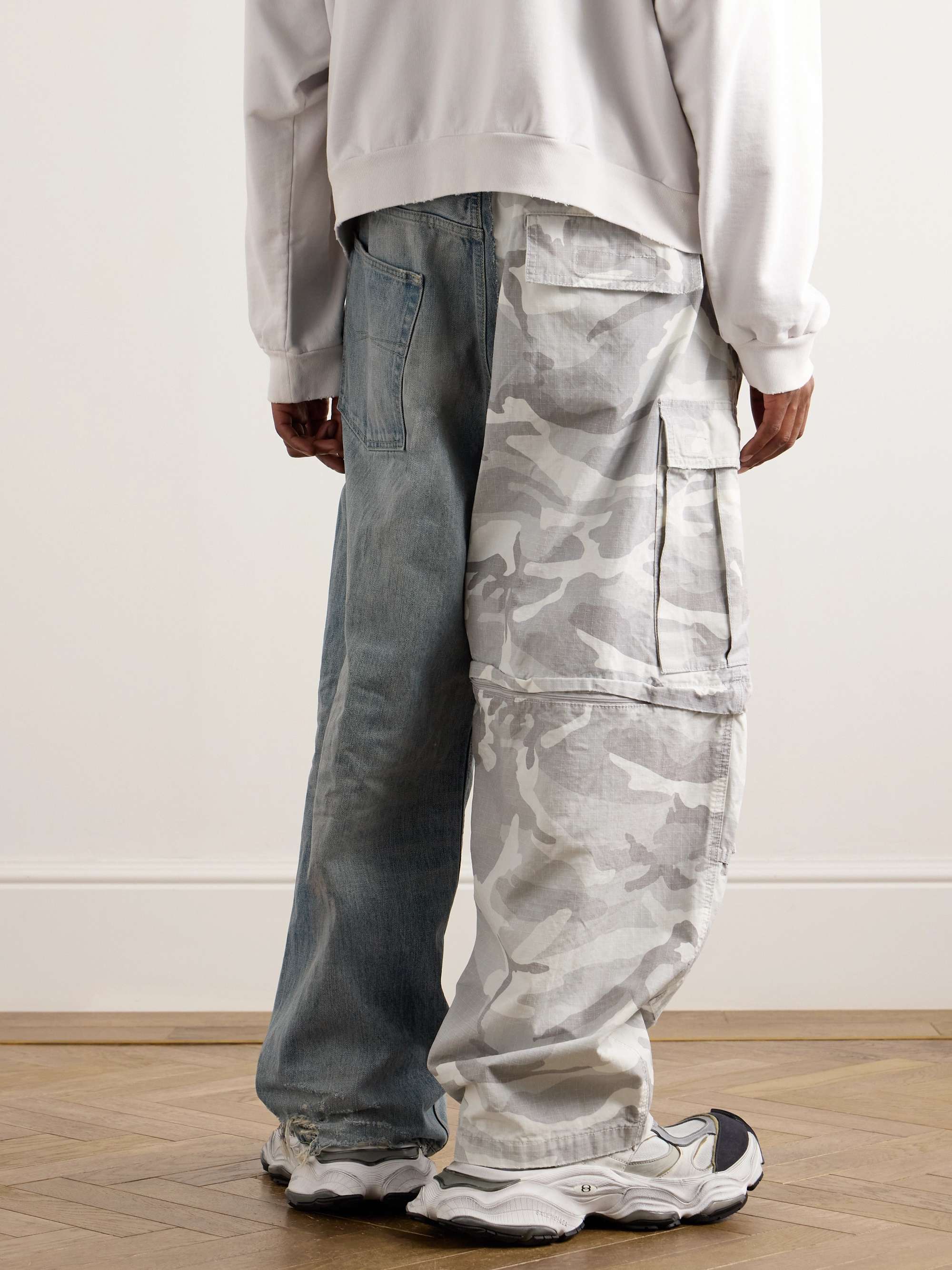 Hybrid Wide-Leg Ripstop and Distressed Denim Drawstring Trousers view