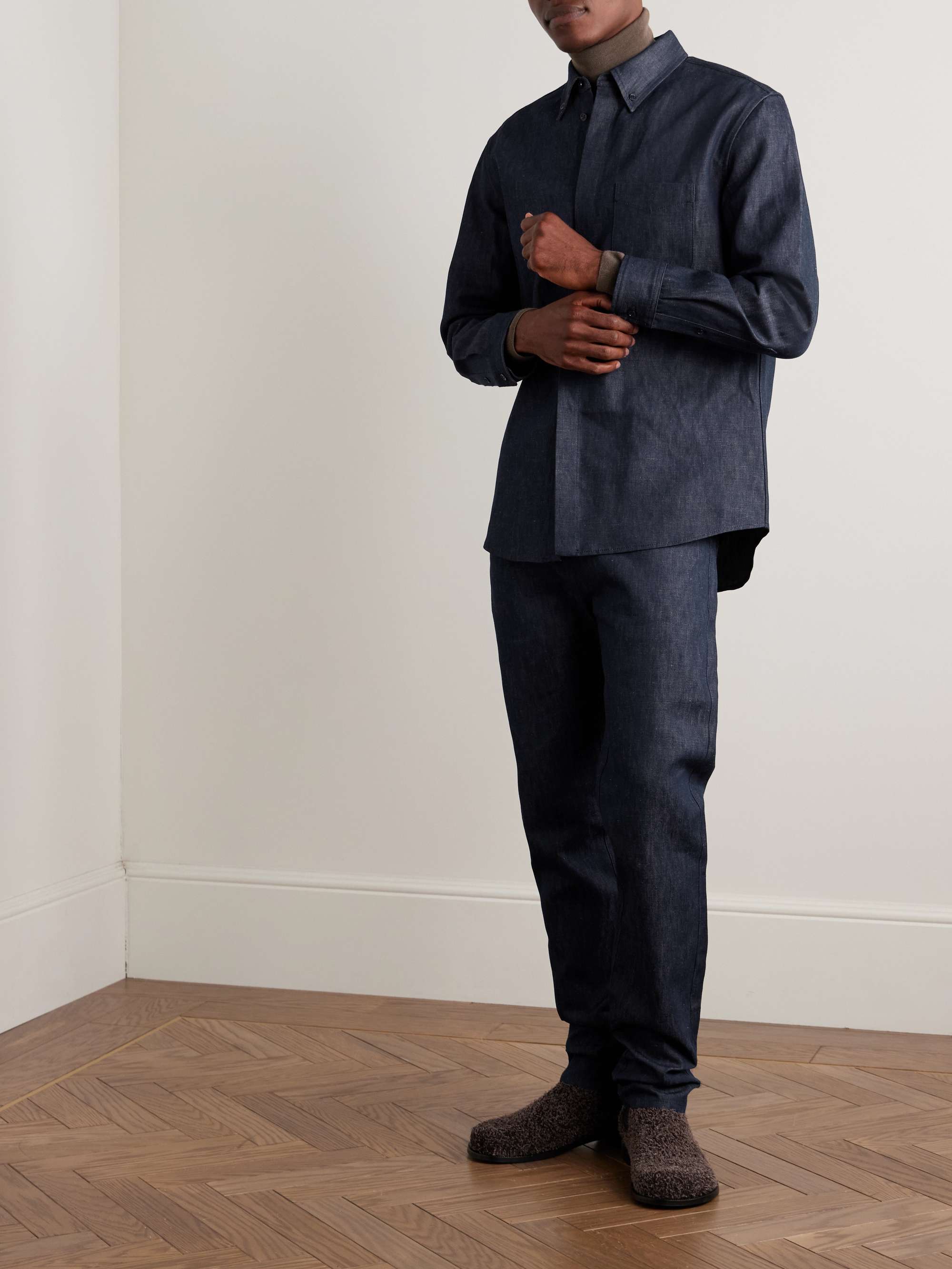 Cholul Button-Down Collar Cotton and Linen-Blend Chambray Shirt view