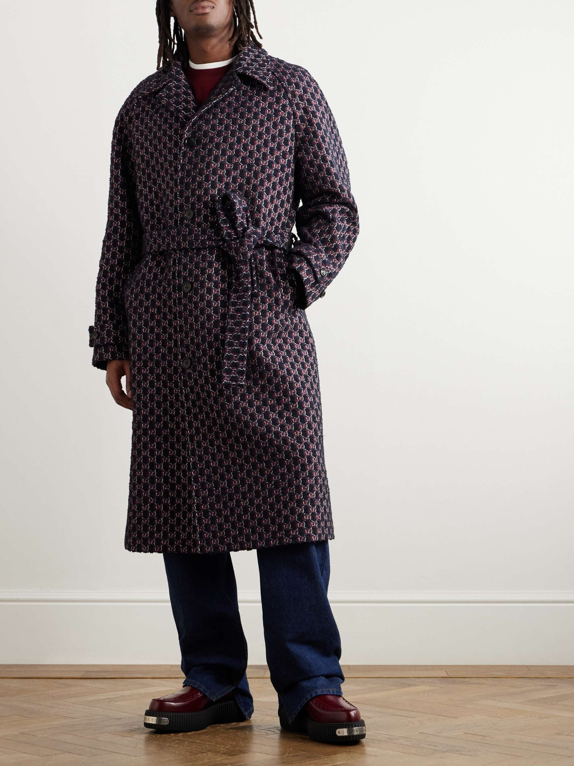 Belted Logo-Embroidered Wool-Blend Bouclé Coat view