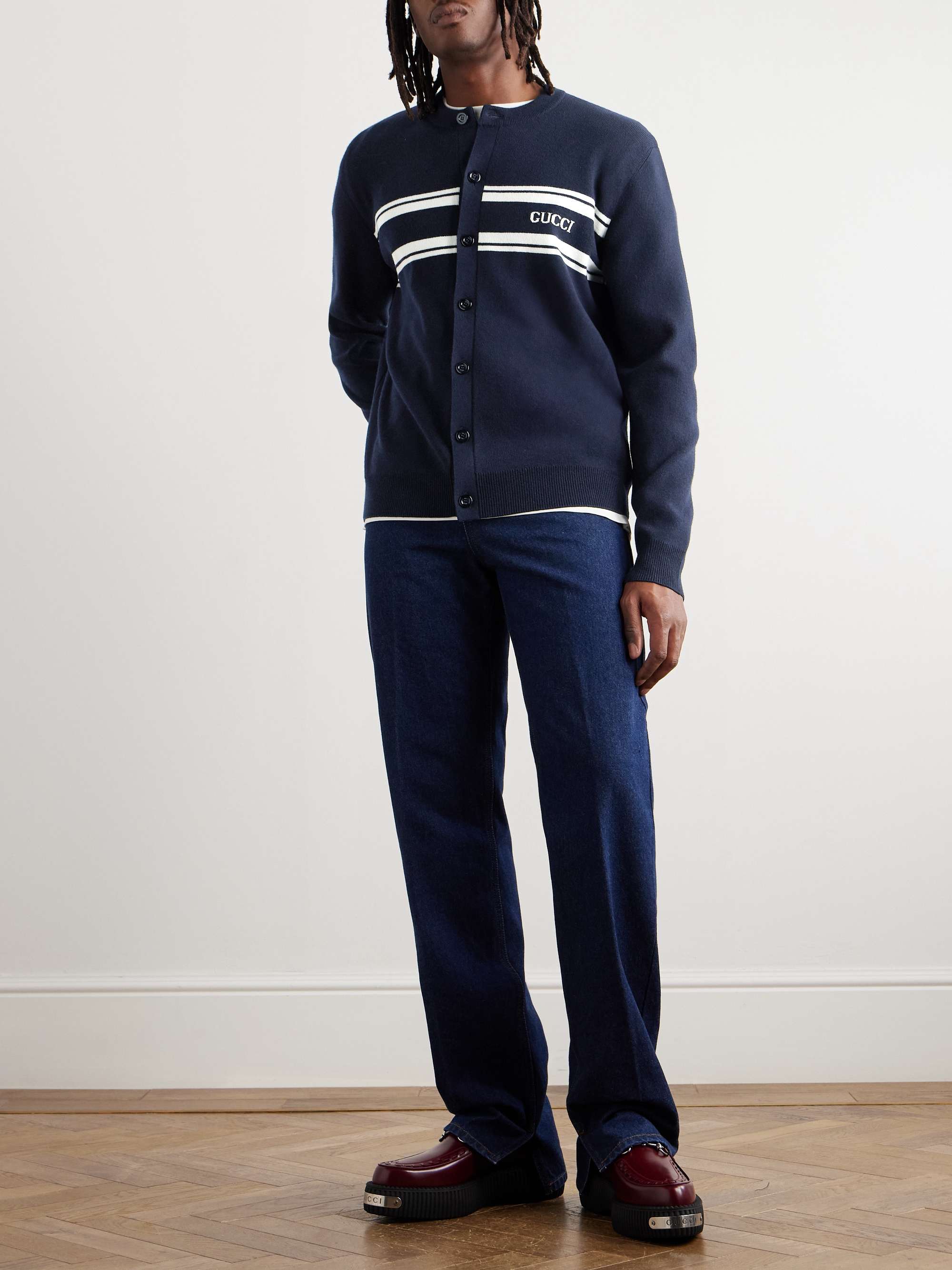 Logo-Jacquard Striped Wool and Cashmere-Blend Cardigan view