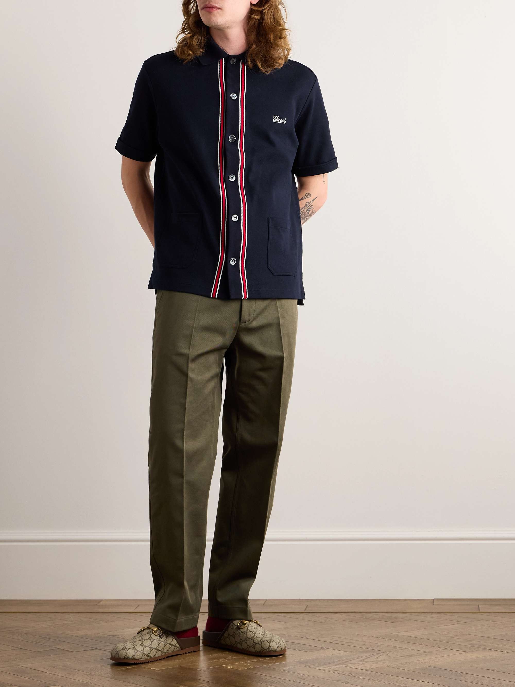 Logo-Embroidered Striped Cotton-Piqué Shirt view