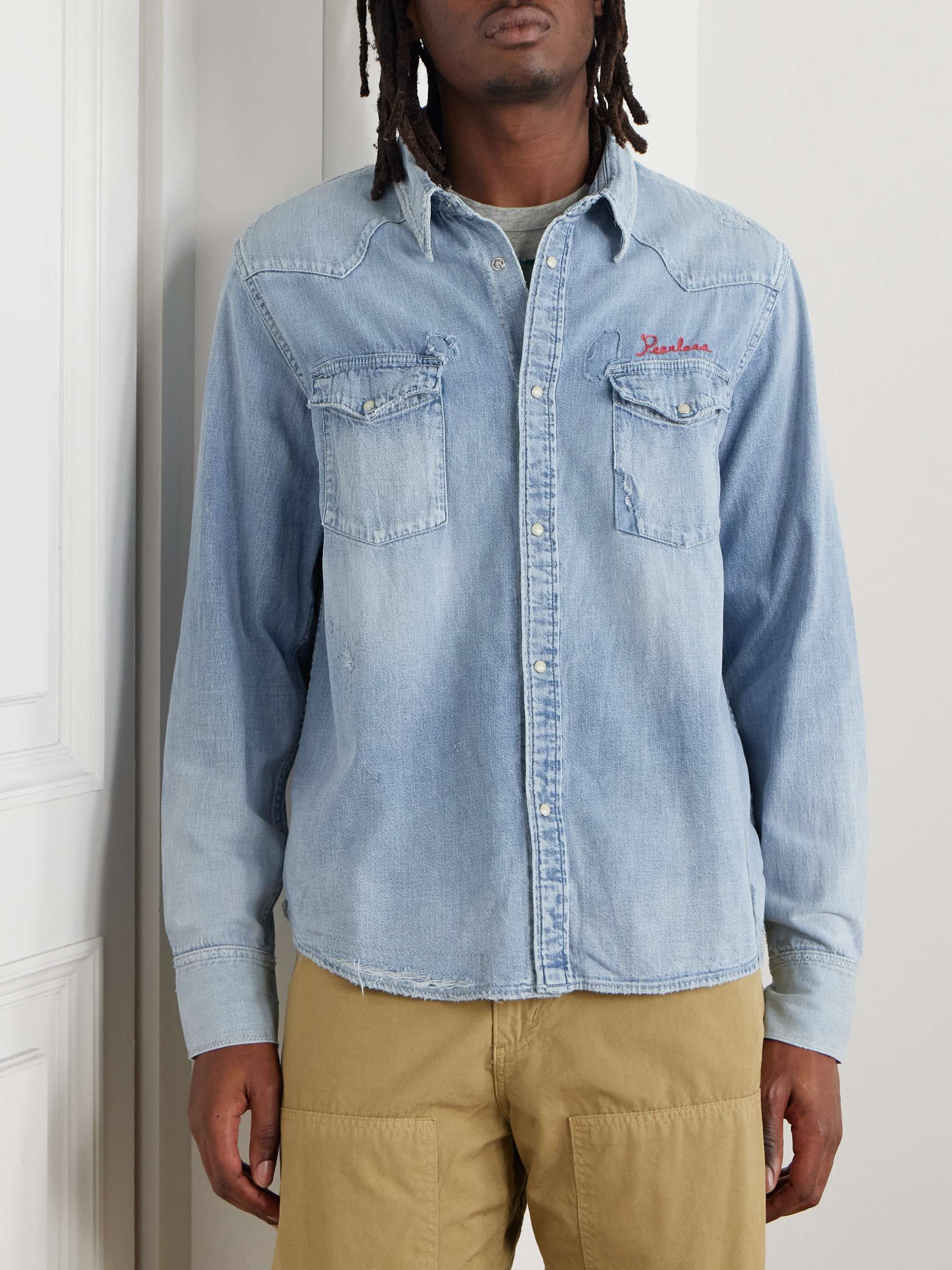 Peerless Distressed Logo-Embroidered Washed-Denim Shirt view