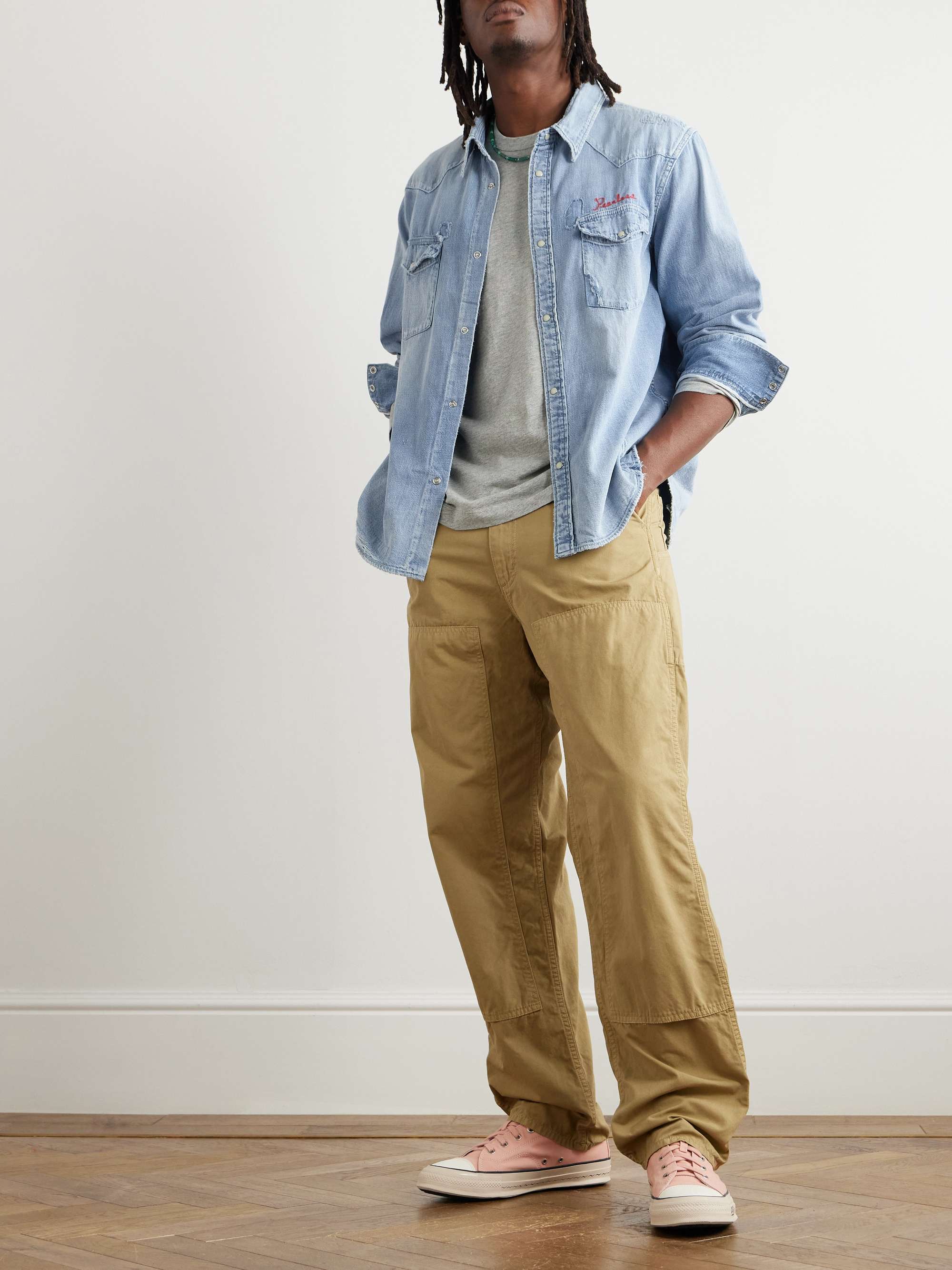 Peerless Distressed Logo-Embroidered Washed-Denim Shirt view