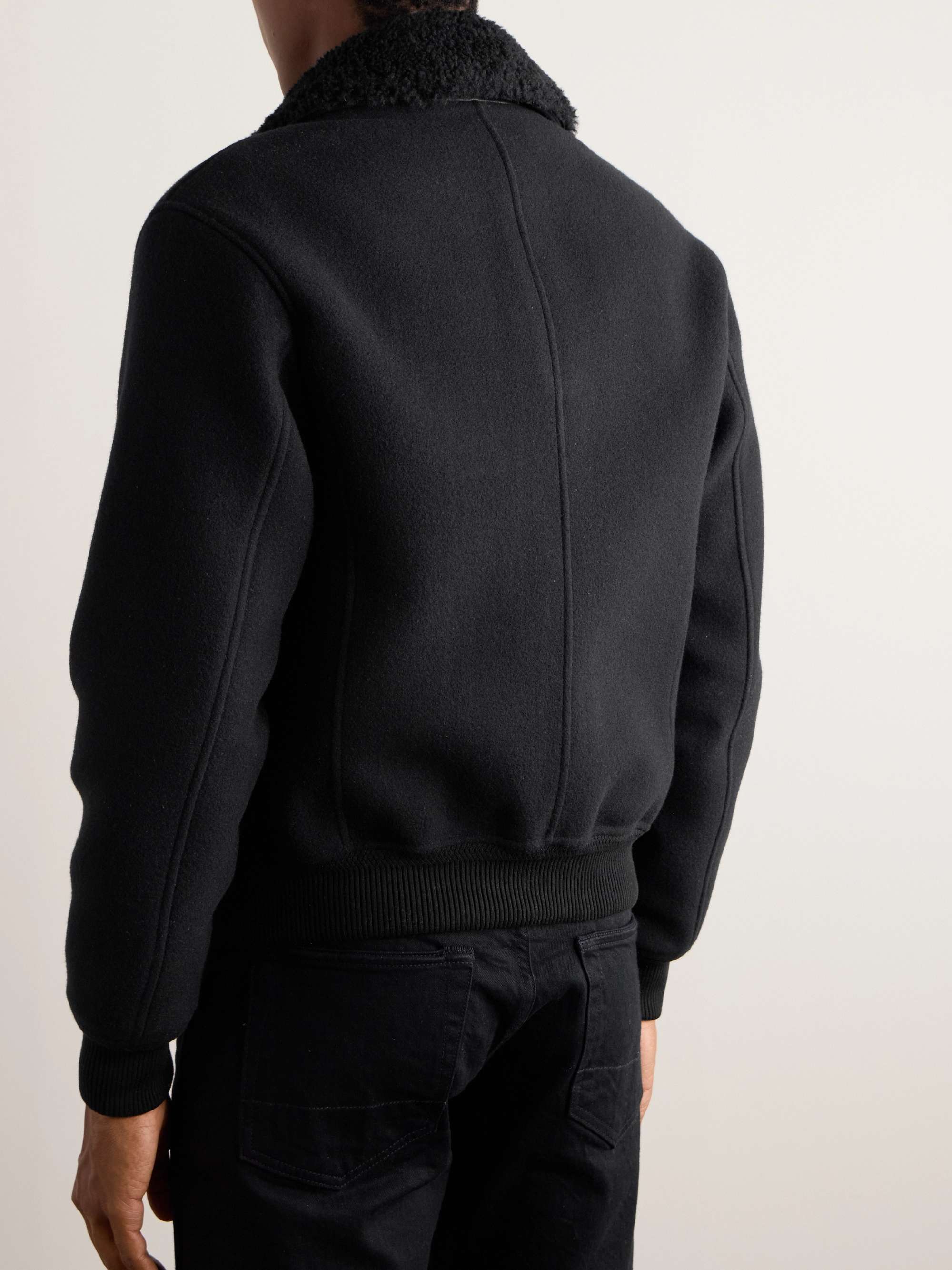 Shearling and Leather-Trimmed Wool-Blend Bomber Jacket view