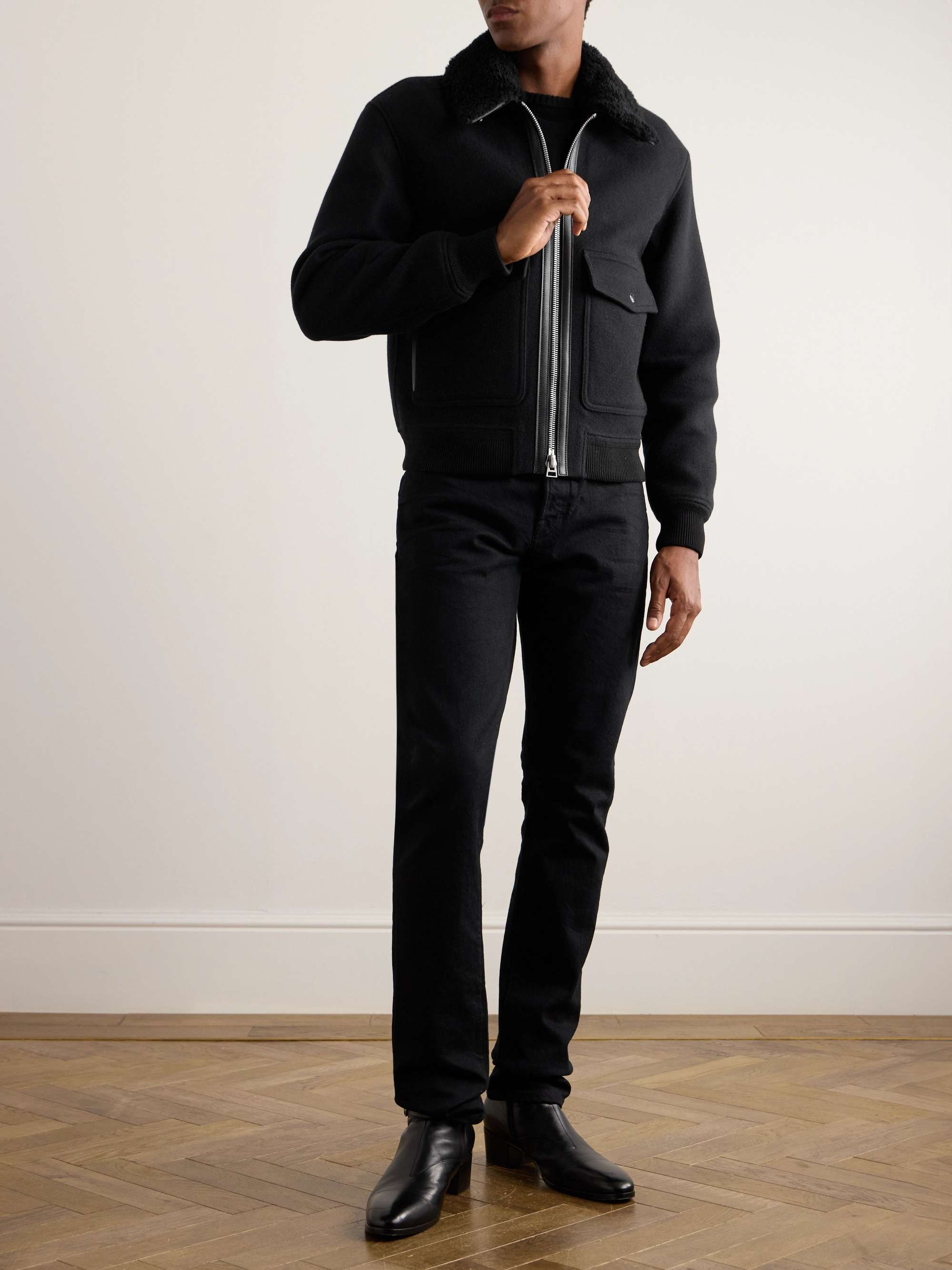 Shearling and Leather-Trimmed Wool-Blend Bomber Jacket view