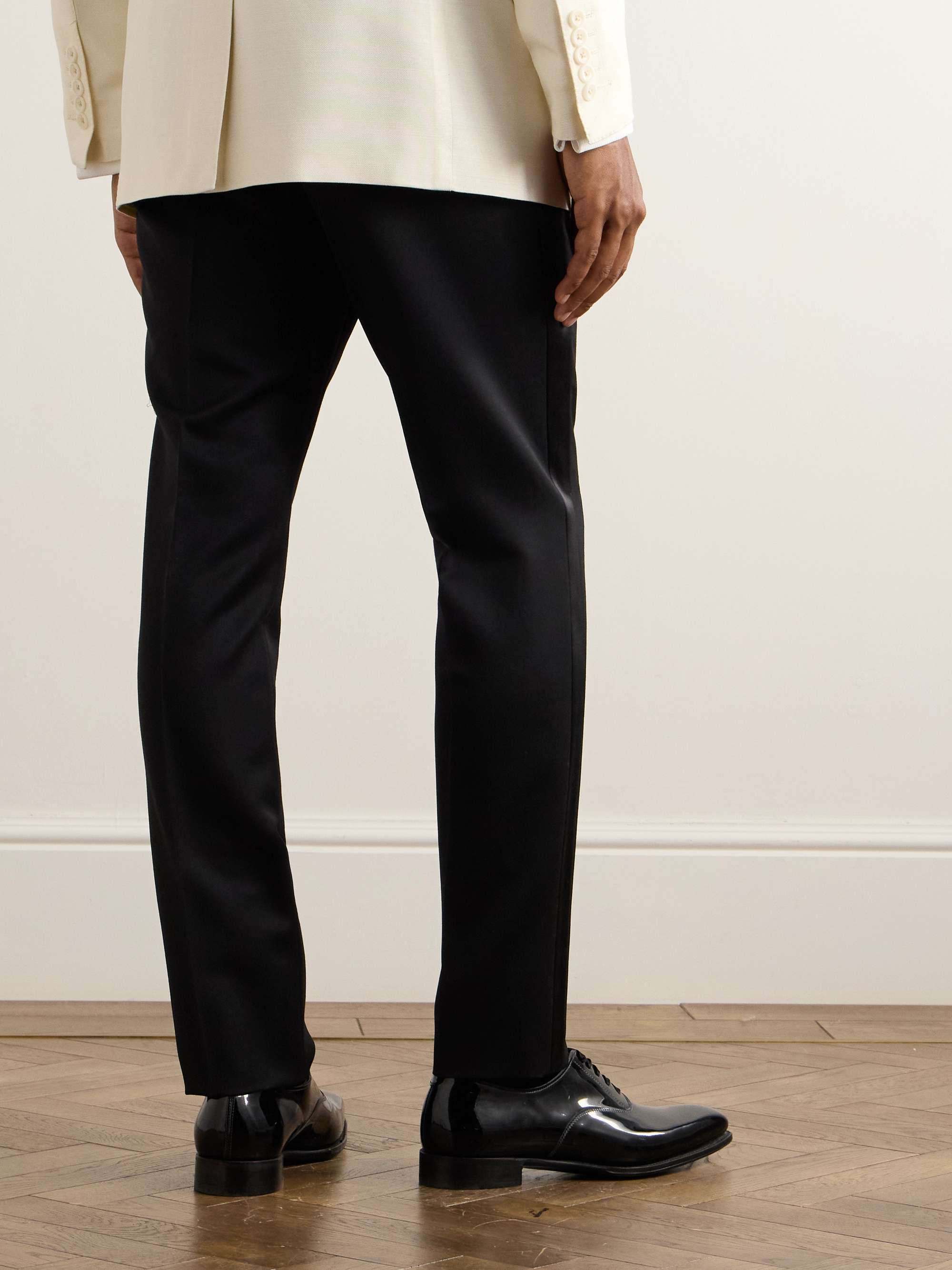 Straight-Leg Belted Satin-Trimmed Wool and Mohair-Blend Tuxedo Trousers view
