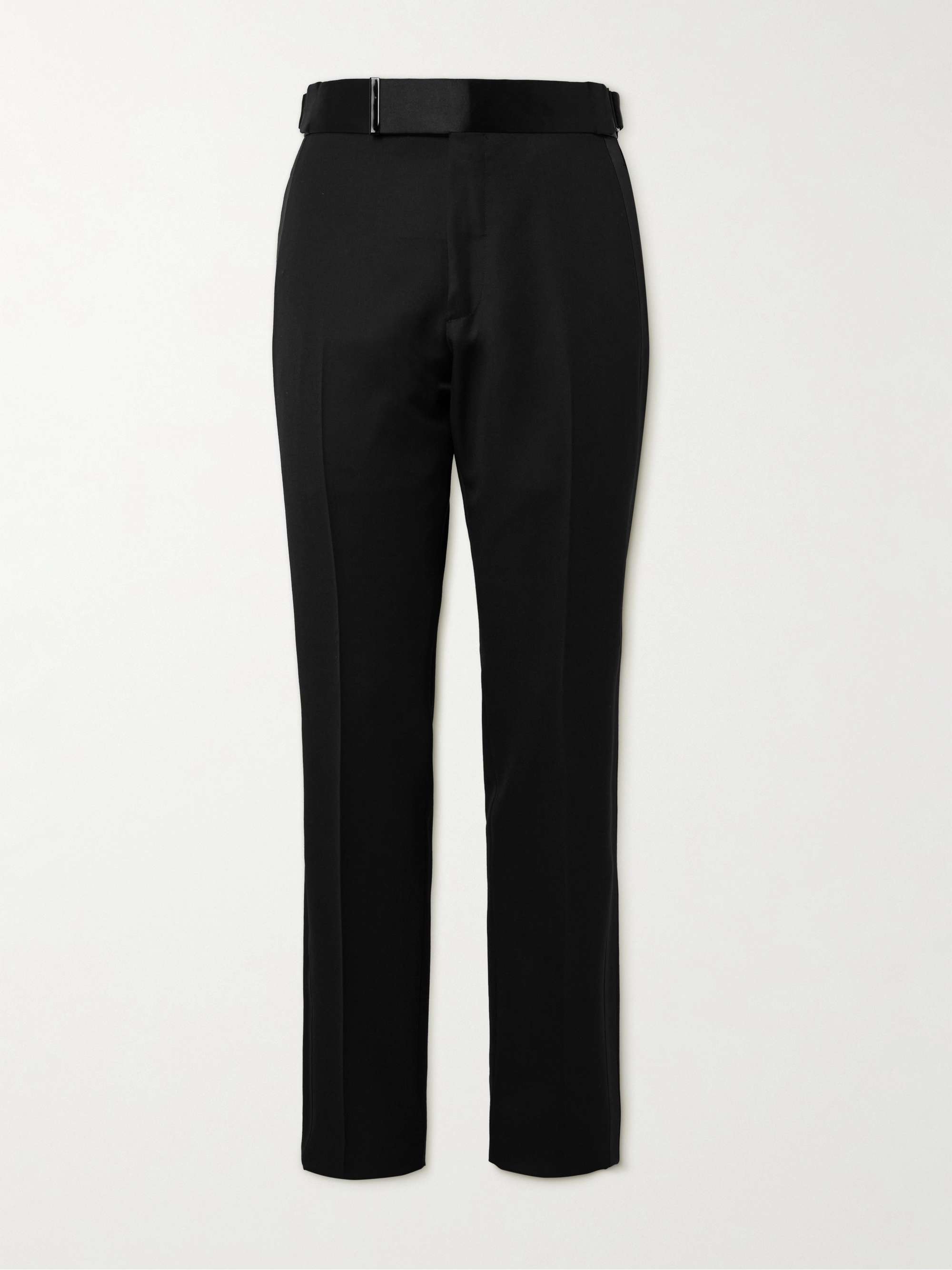 Straight-Leg Belted Satin-Trimmed Wool and Mohair-Blend Tuxedo Trousers view