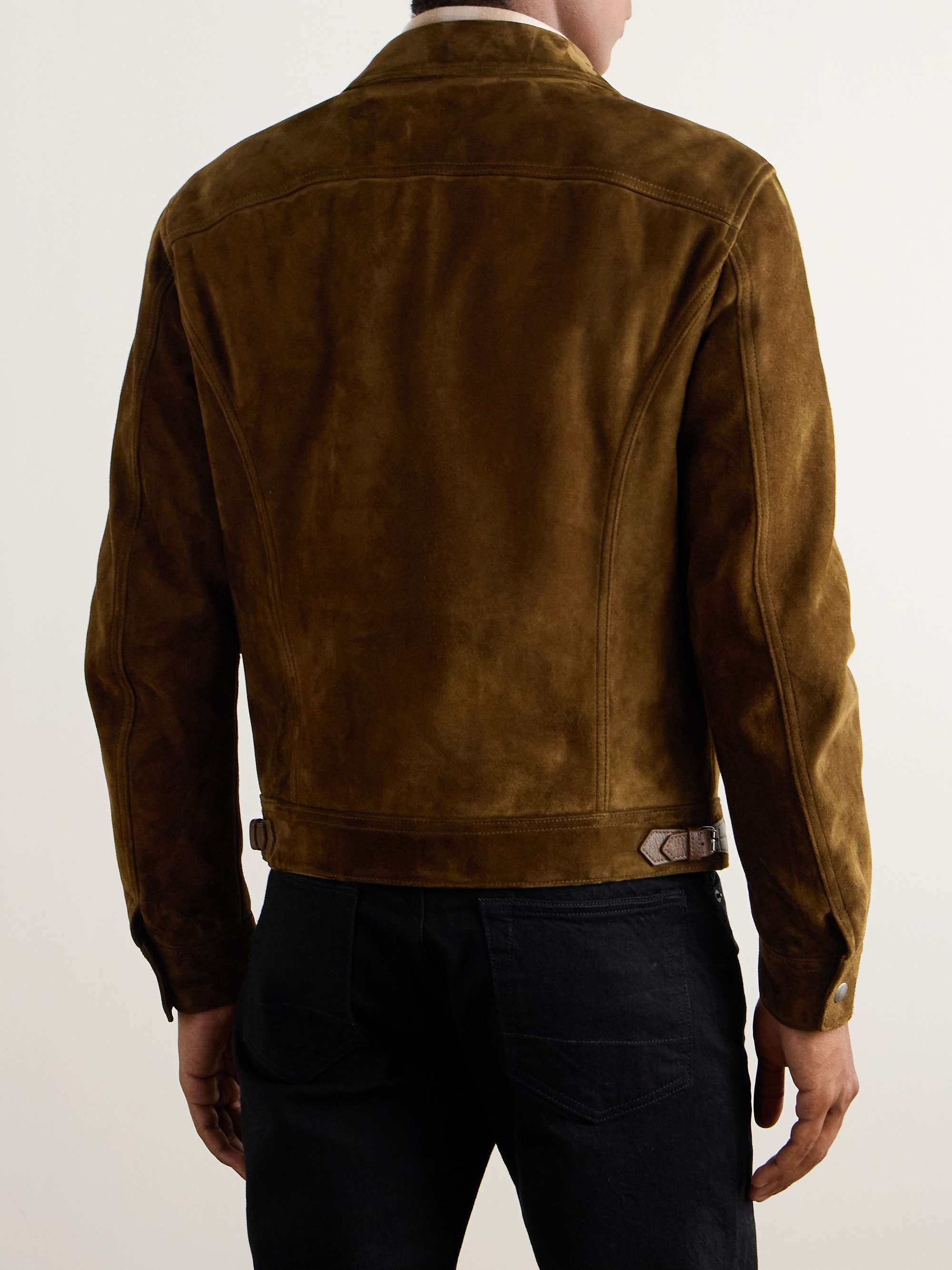 Leather-Trimmed Suede Bomber Jacket view