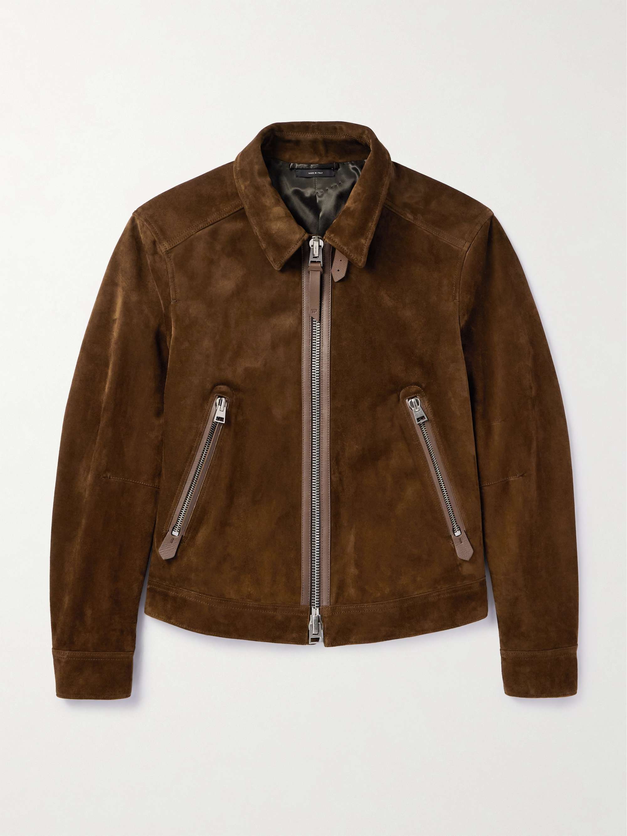 Leather-Trimmed Suede Bomber Jacket view