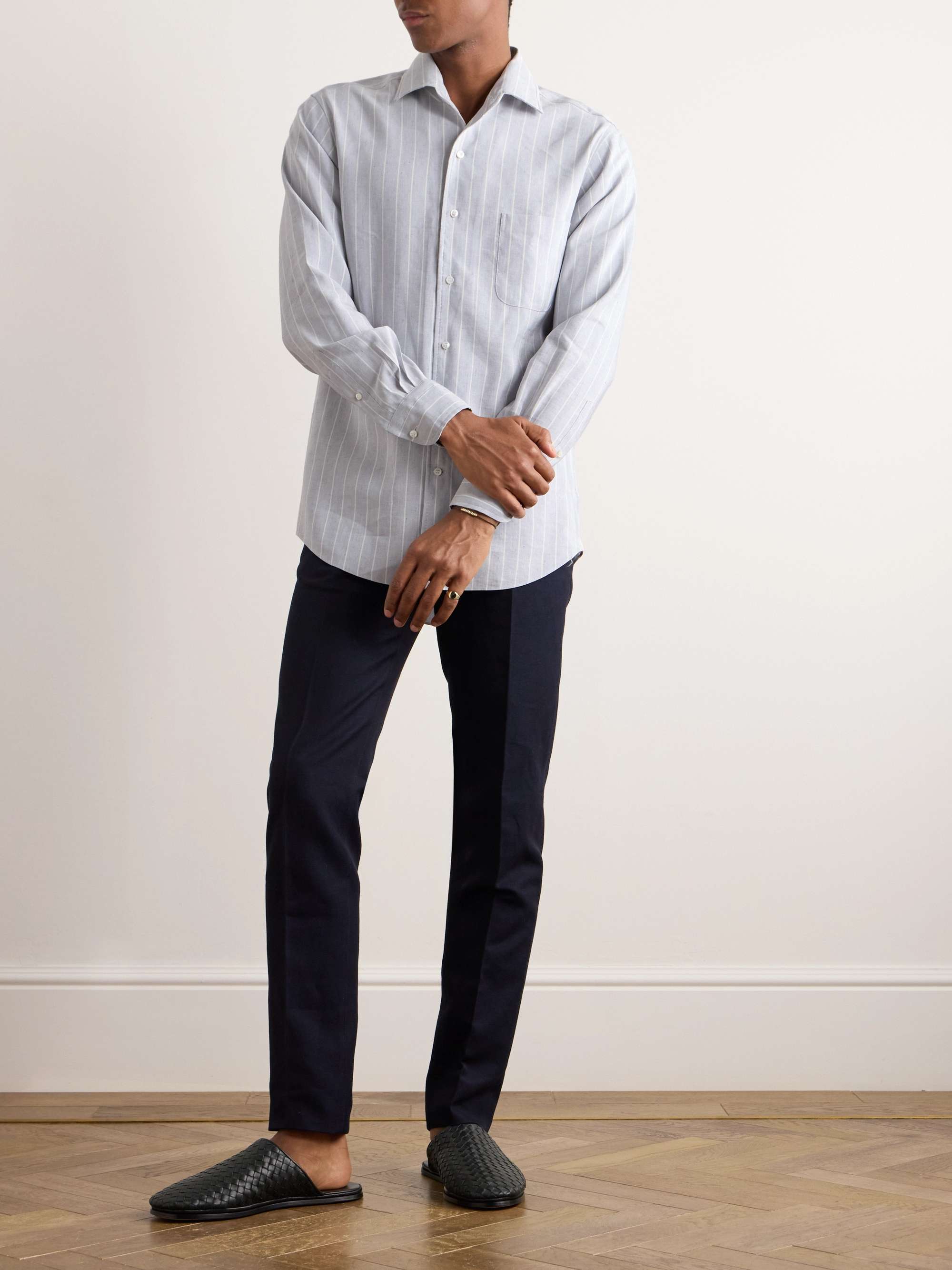 Andre Camp-Collar Striped Linen and Silk-Blend Shirt view