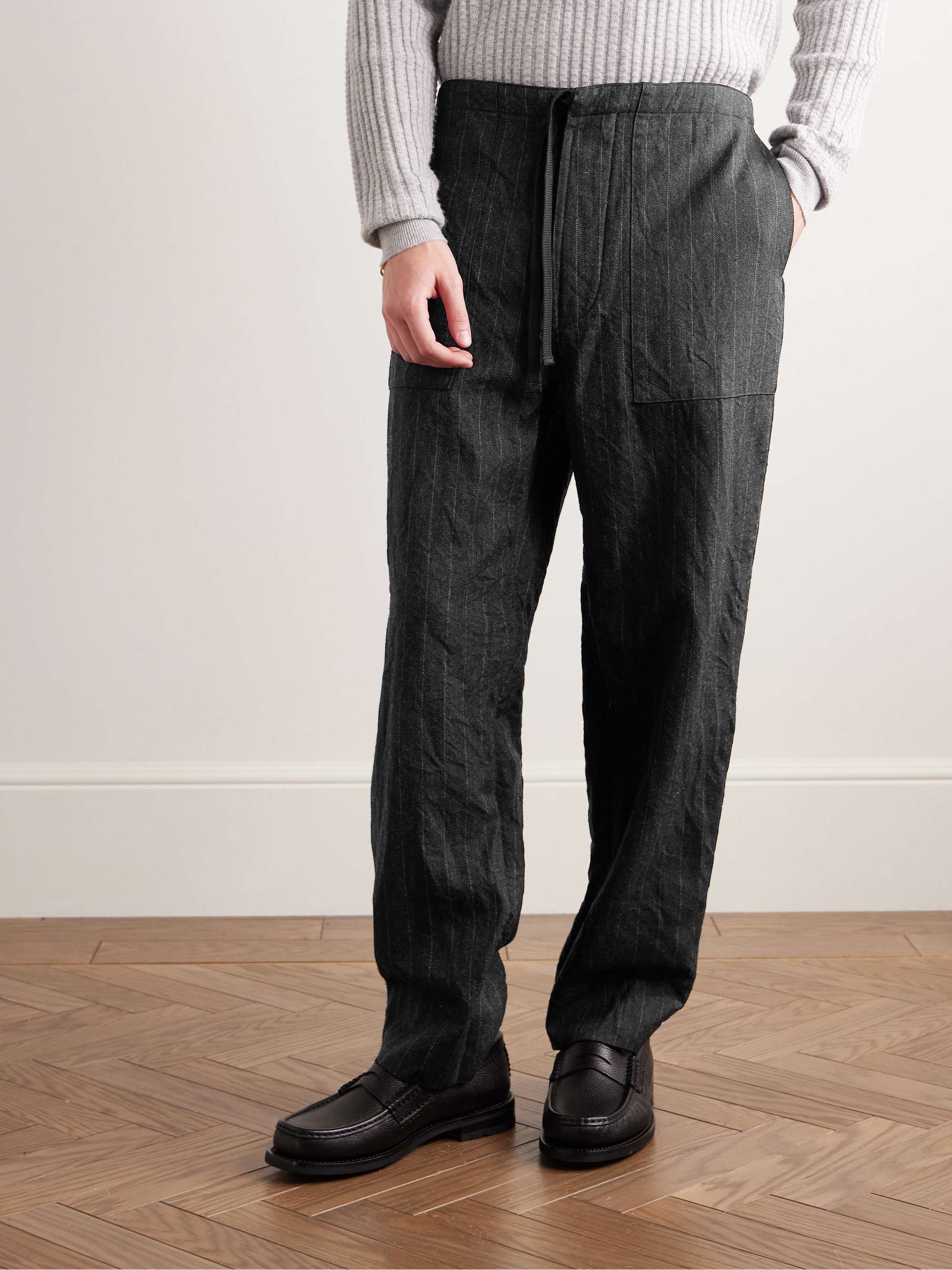 Take Easy Baker Straight-Leg Pinstriped Wool-Twill Drawstring Suit Trousers view
