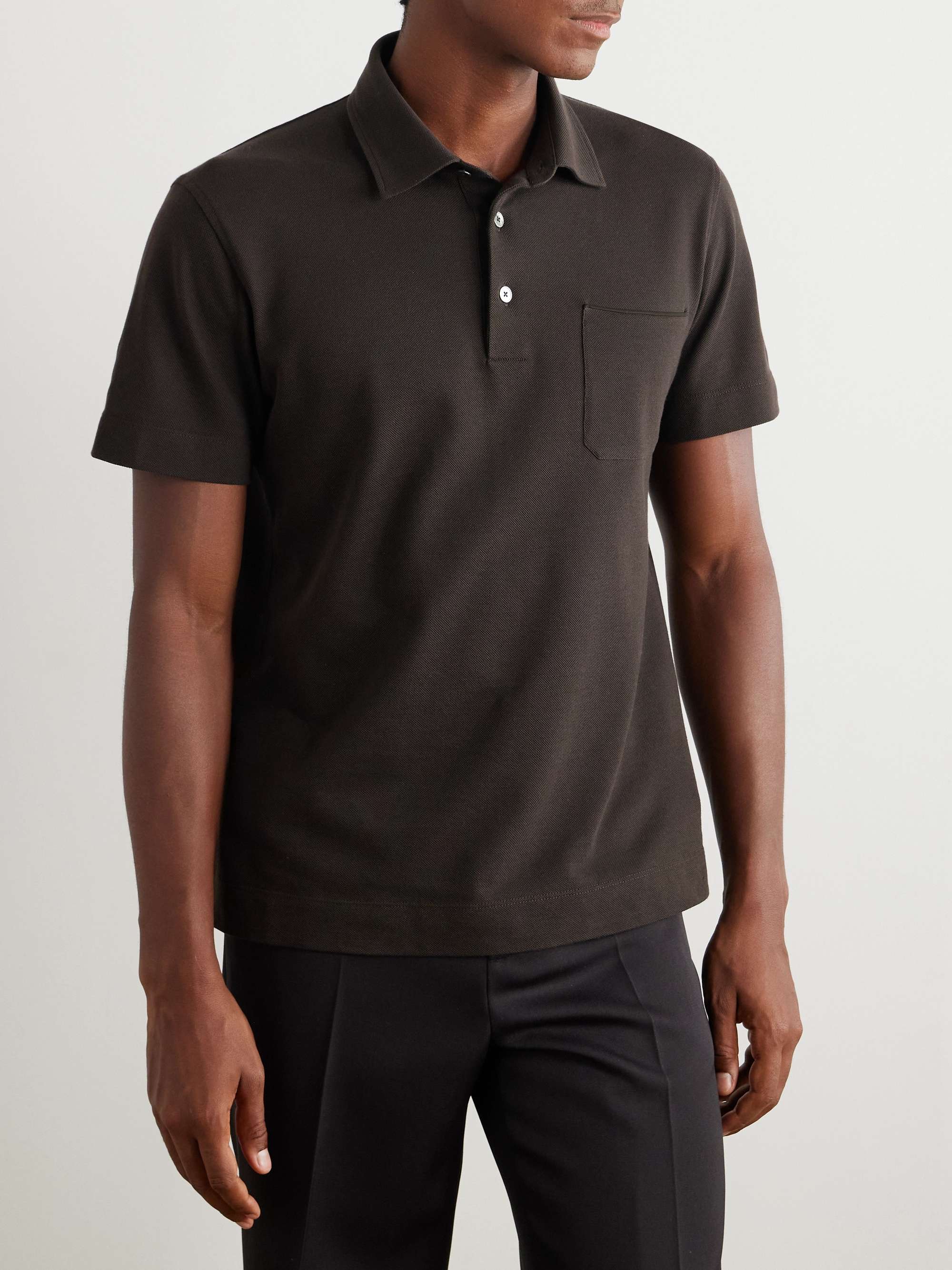 Slim-Fit Leather-Trimmed Cotton-Piqué Polo Shirt view