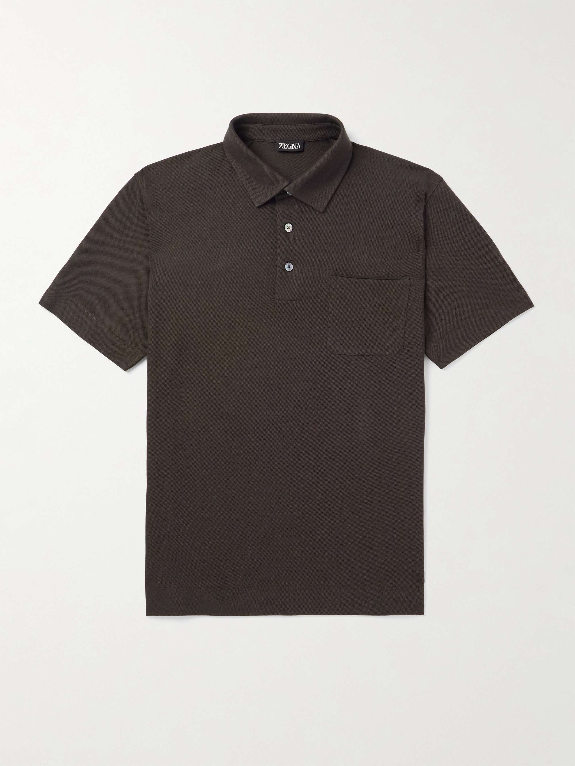 Slim-Fit Leather-Trimmed Cotton-Piqué Polo Shirt view
