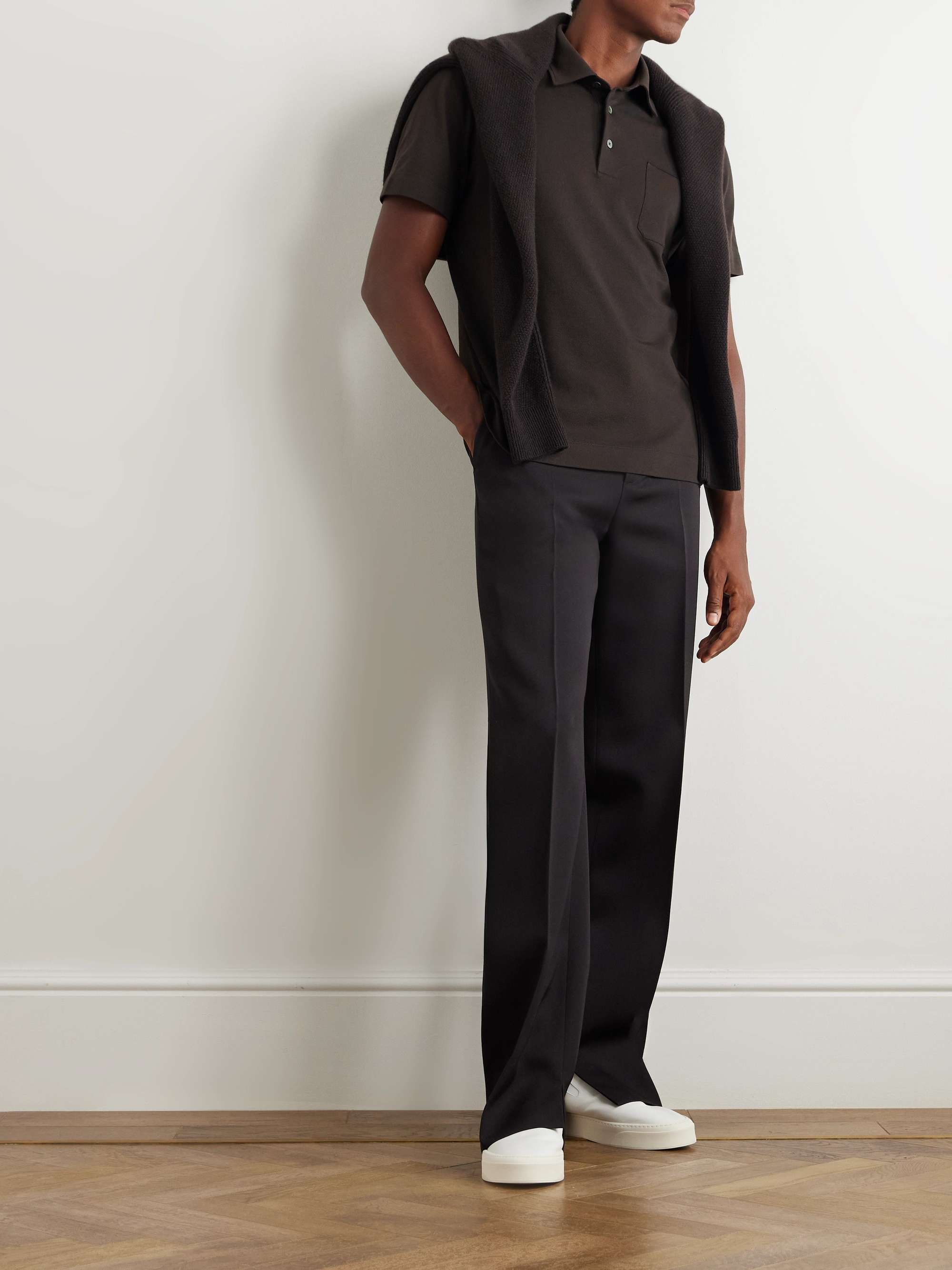 Slim-Fit Leather-Trimmed Cotton-Piqué Polo Shirt view