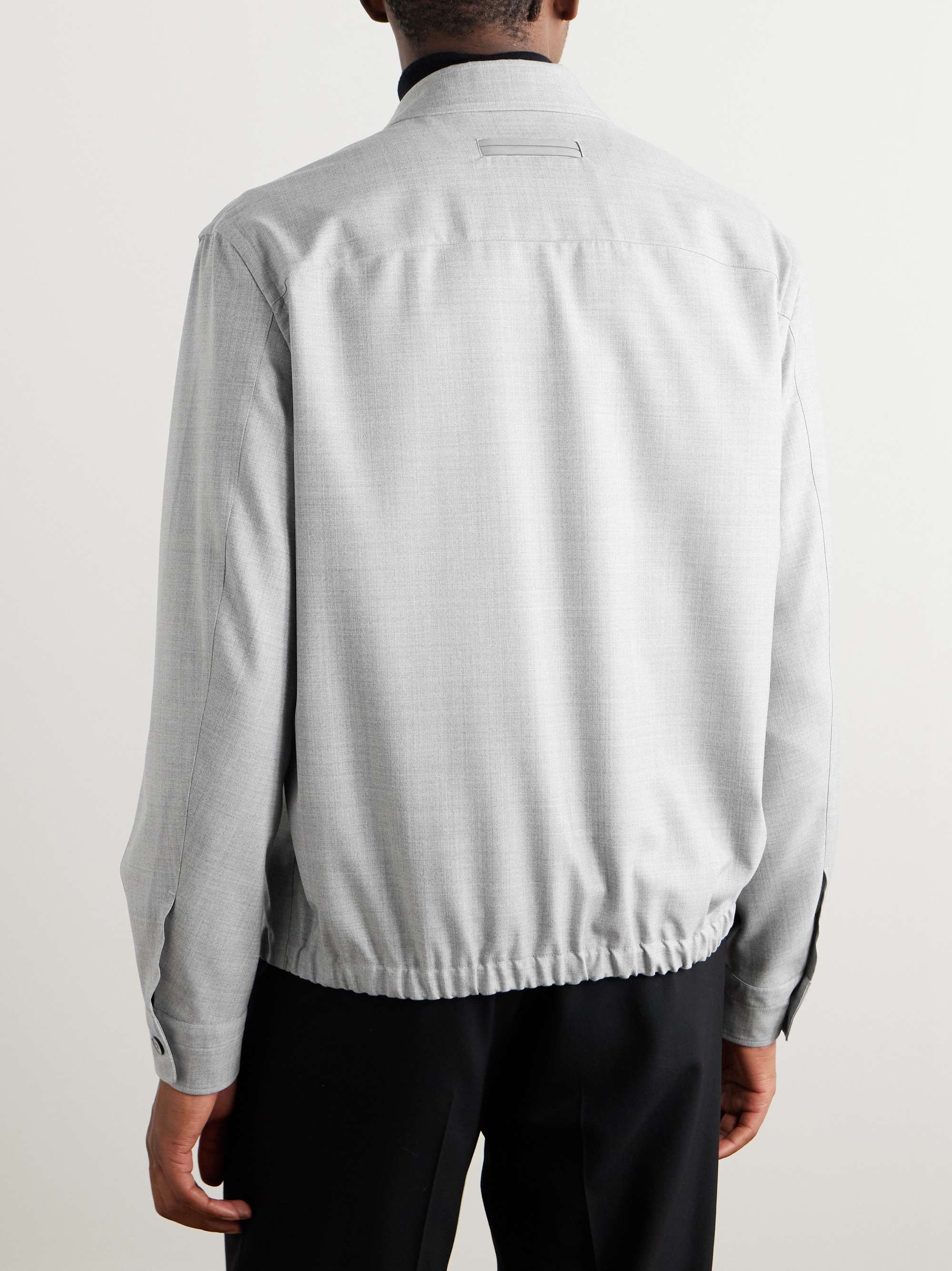 Logo-Appliquéd Leather-Trimmed Wool-Gabardine Harrington Jacket view