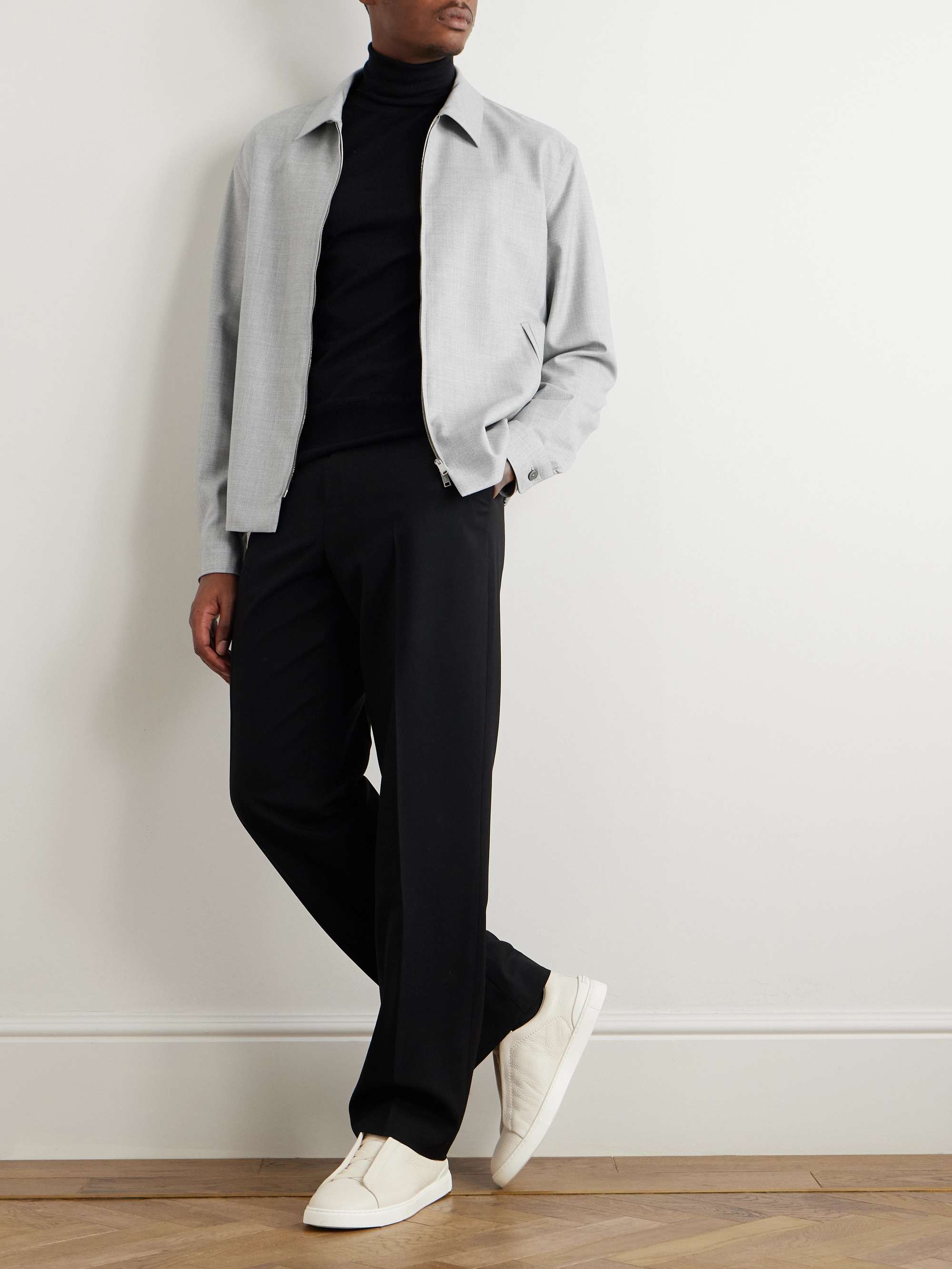 Logo-Appliquéd Leather-Trimmed Wool-Gabardine Harrington Jacket view