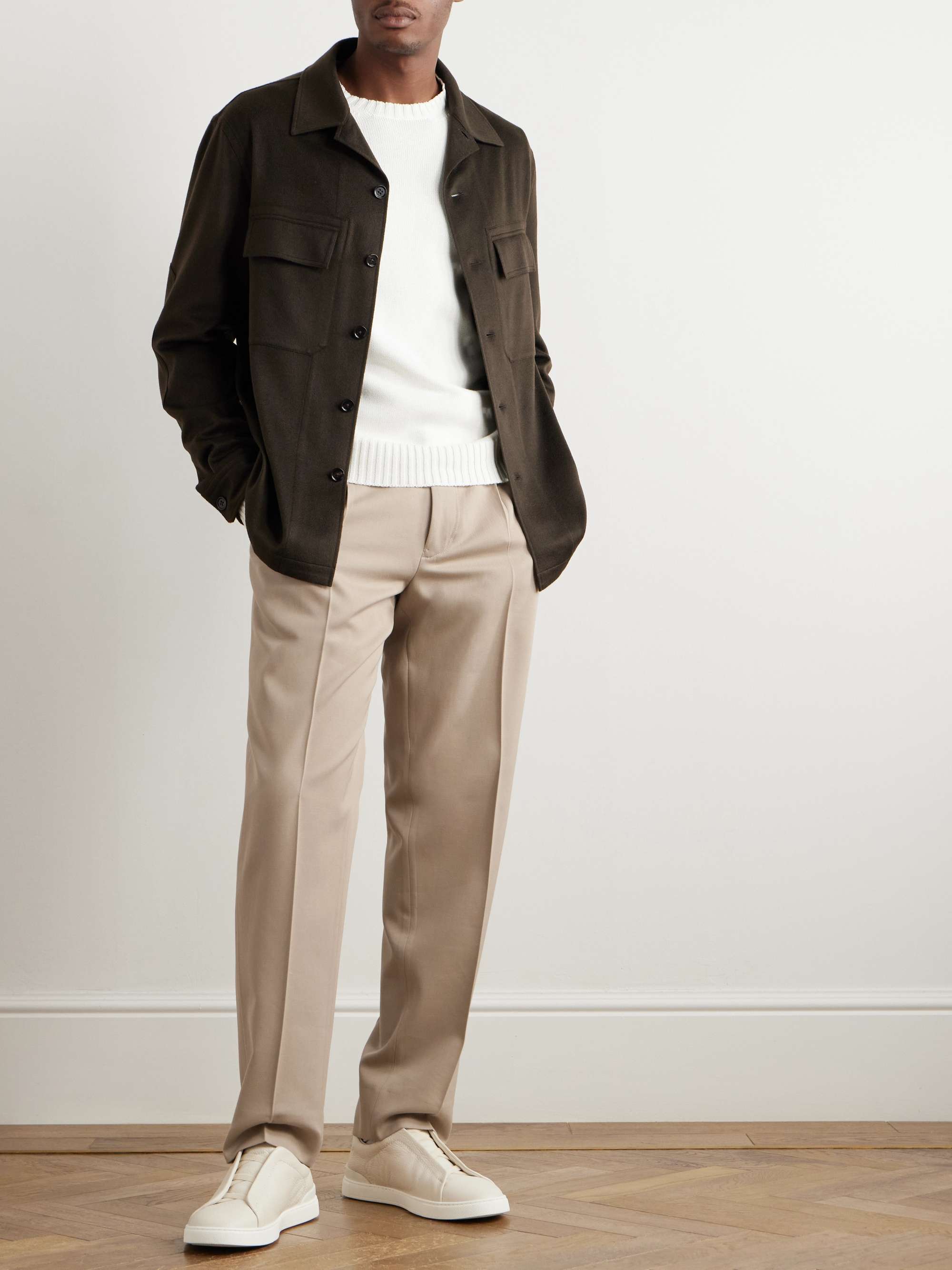 Straight-Leg Pleated Cotton and Wool-Blend Twill Trousers view