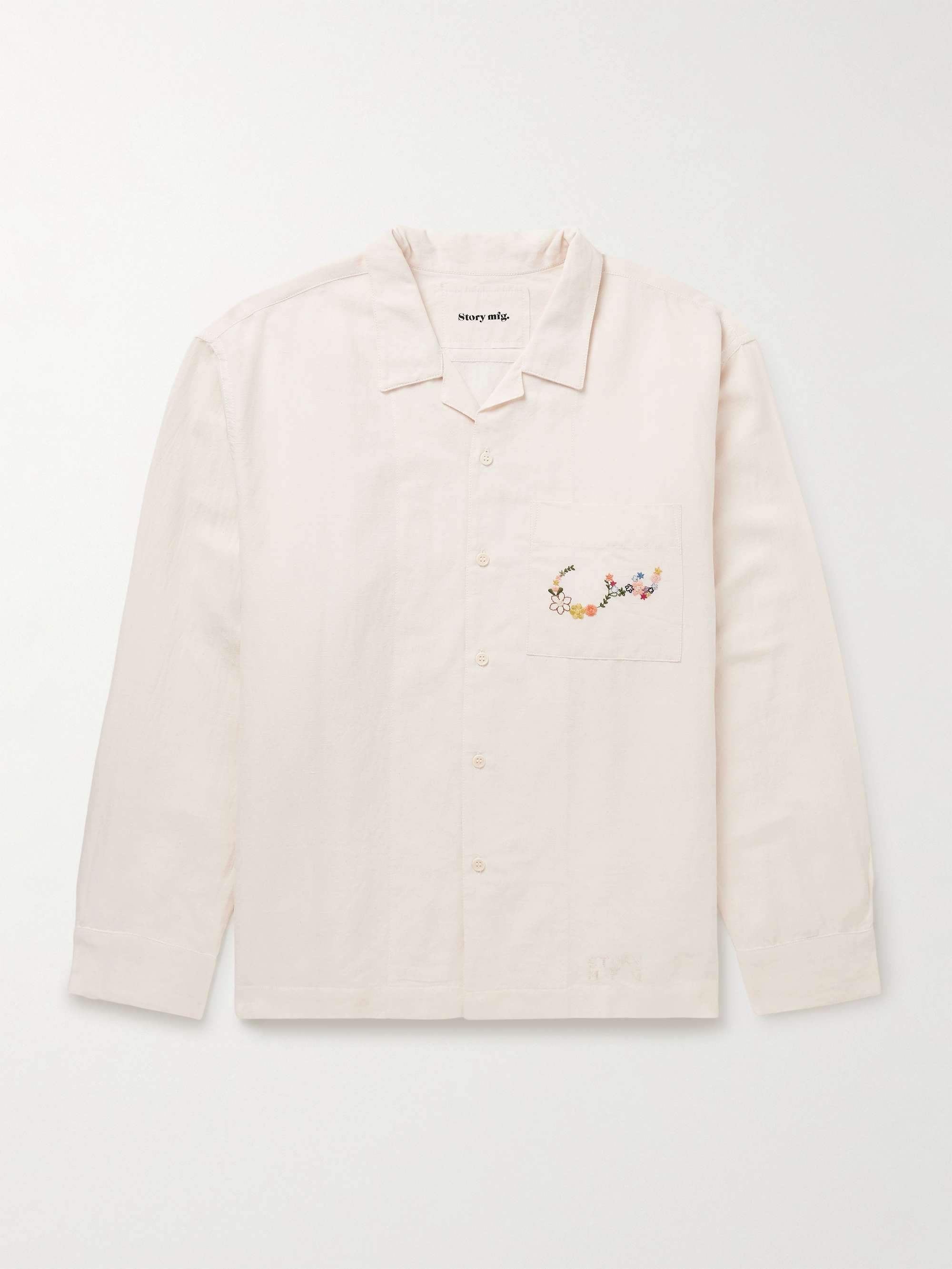 Greetings Camp-Collar Embroidered Cotton and Linen-Blend Shirt view
