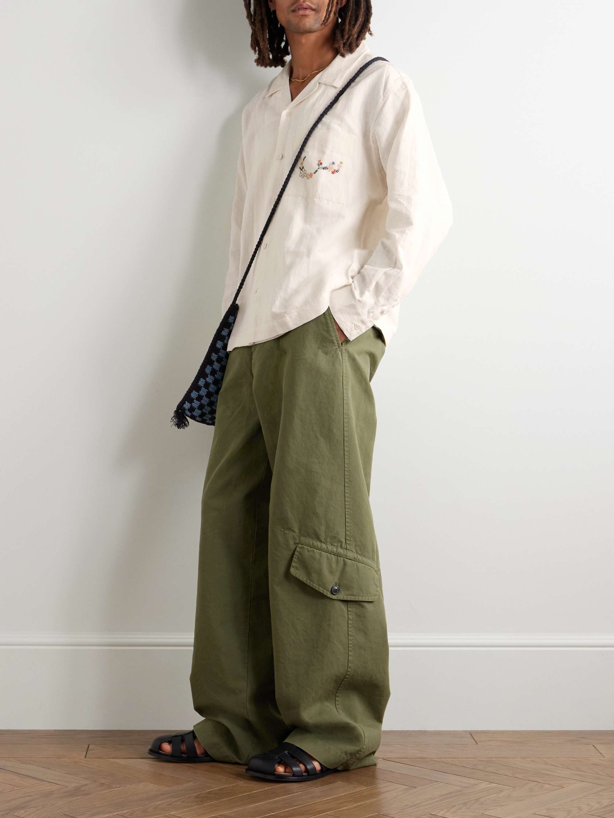 Greetings Camp-Collar Embroidered Cotton and Linen-Blend Shirt view