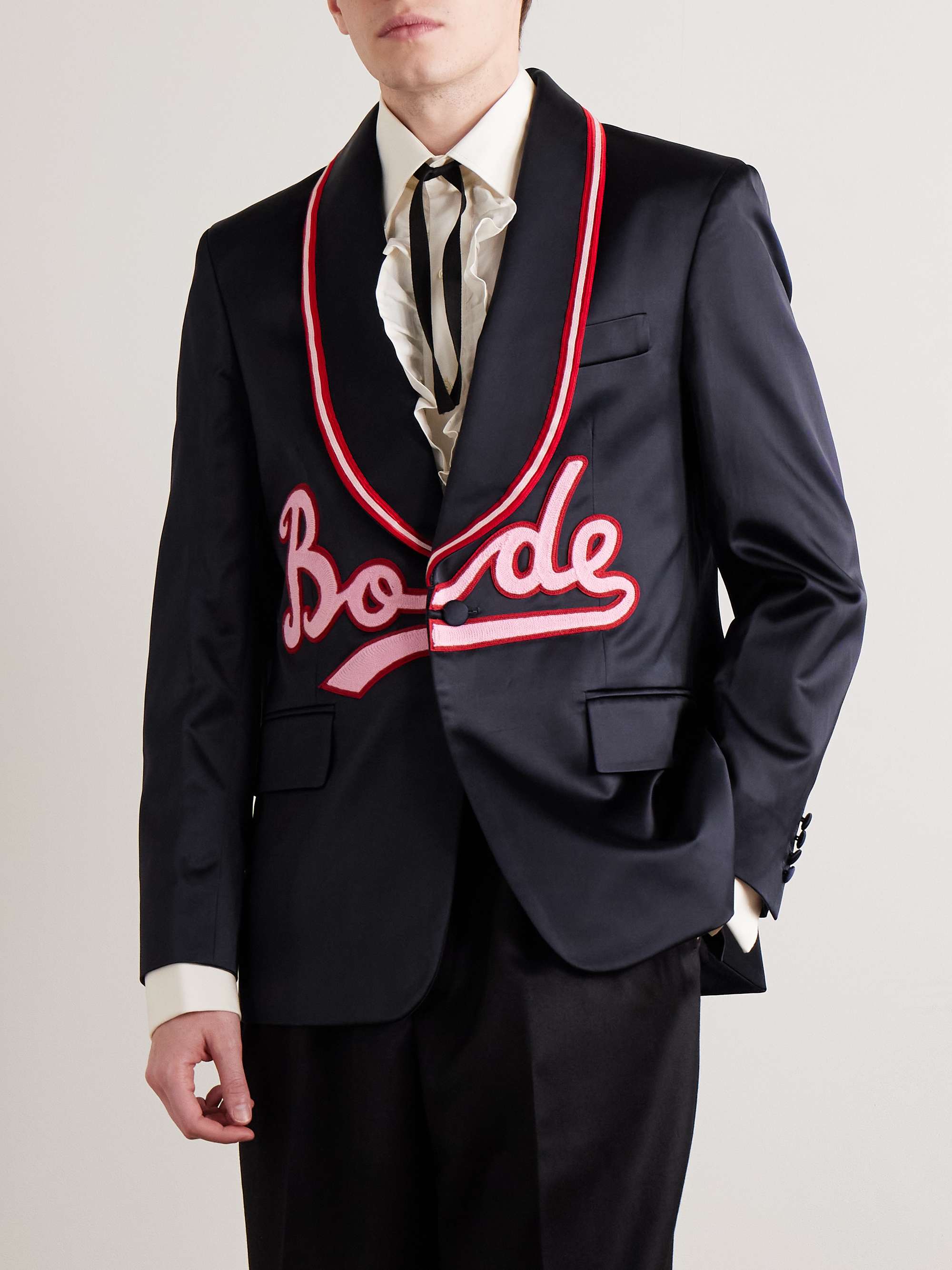 Embroidered Logo-Appliquéd Satin Blazer view