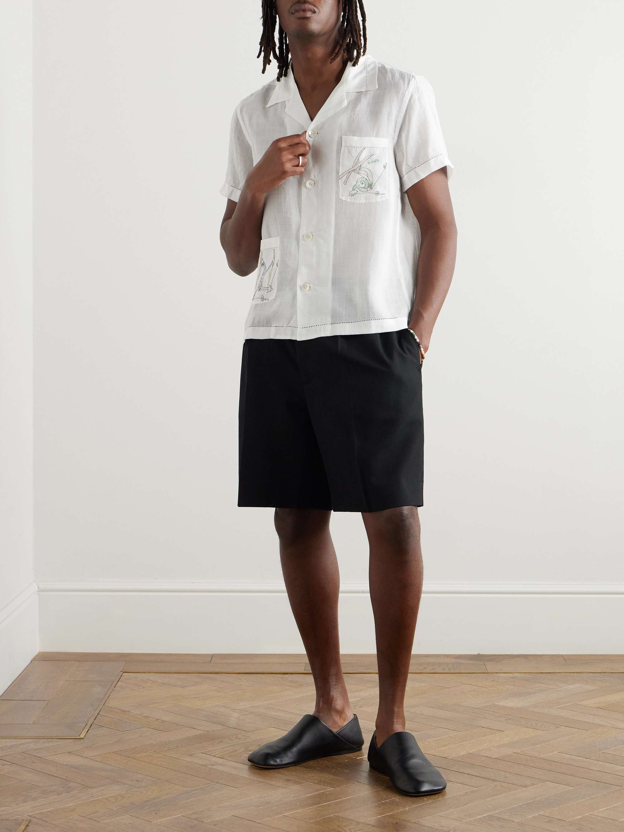 Camp-Collar Embroidered Linen Shirt view
