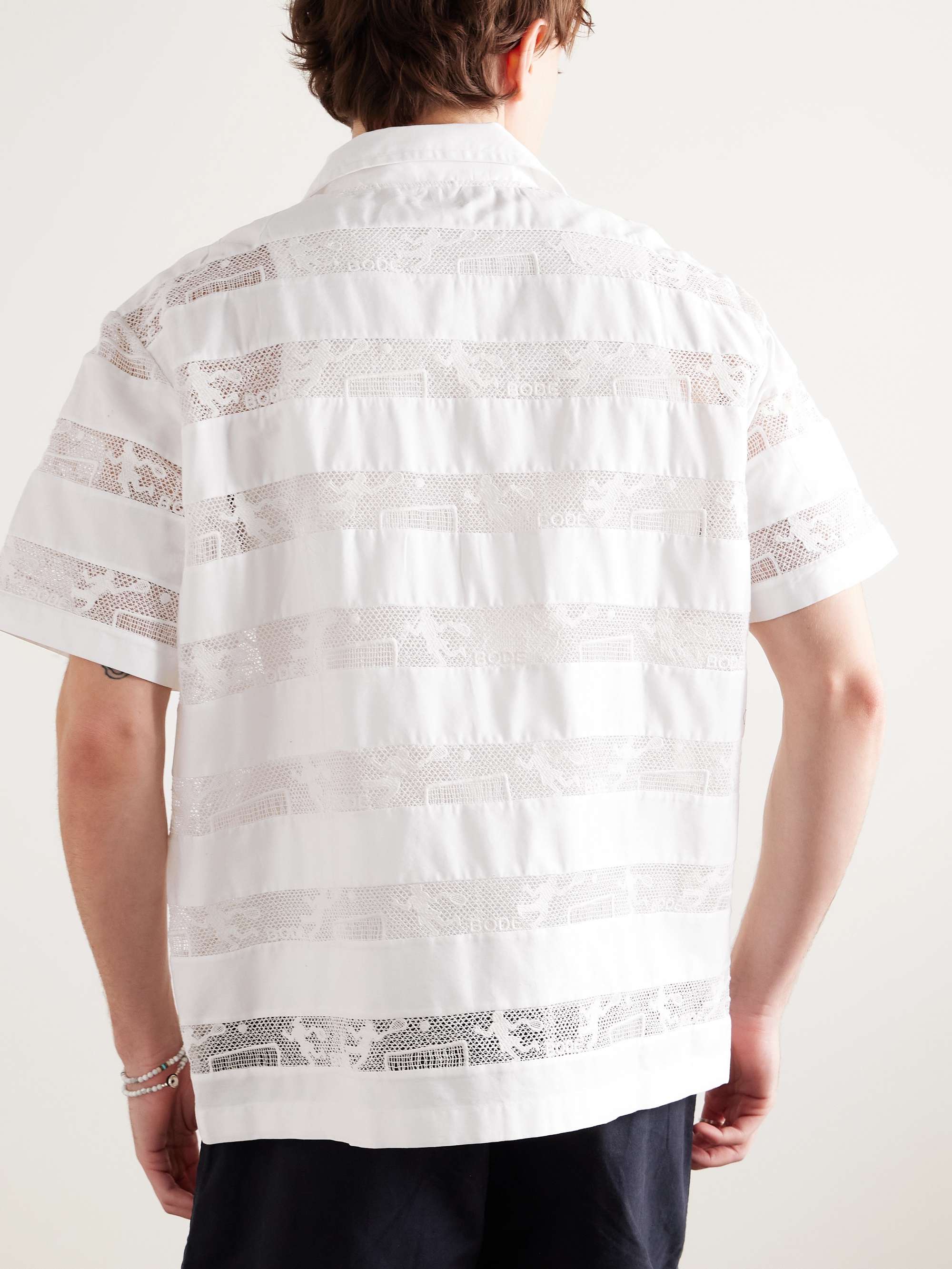 Camp-Collar Panelled Cotton-Poplin and Lace Shirt view
