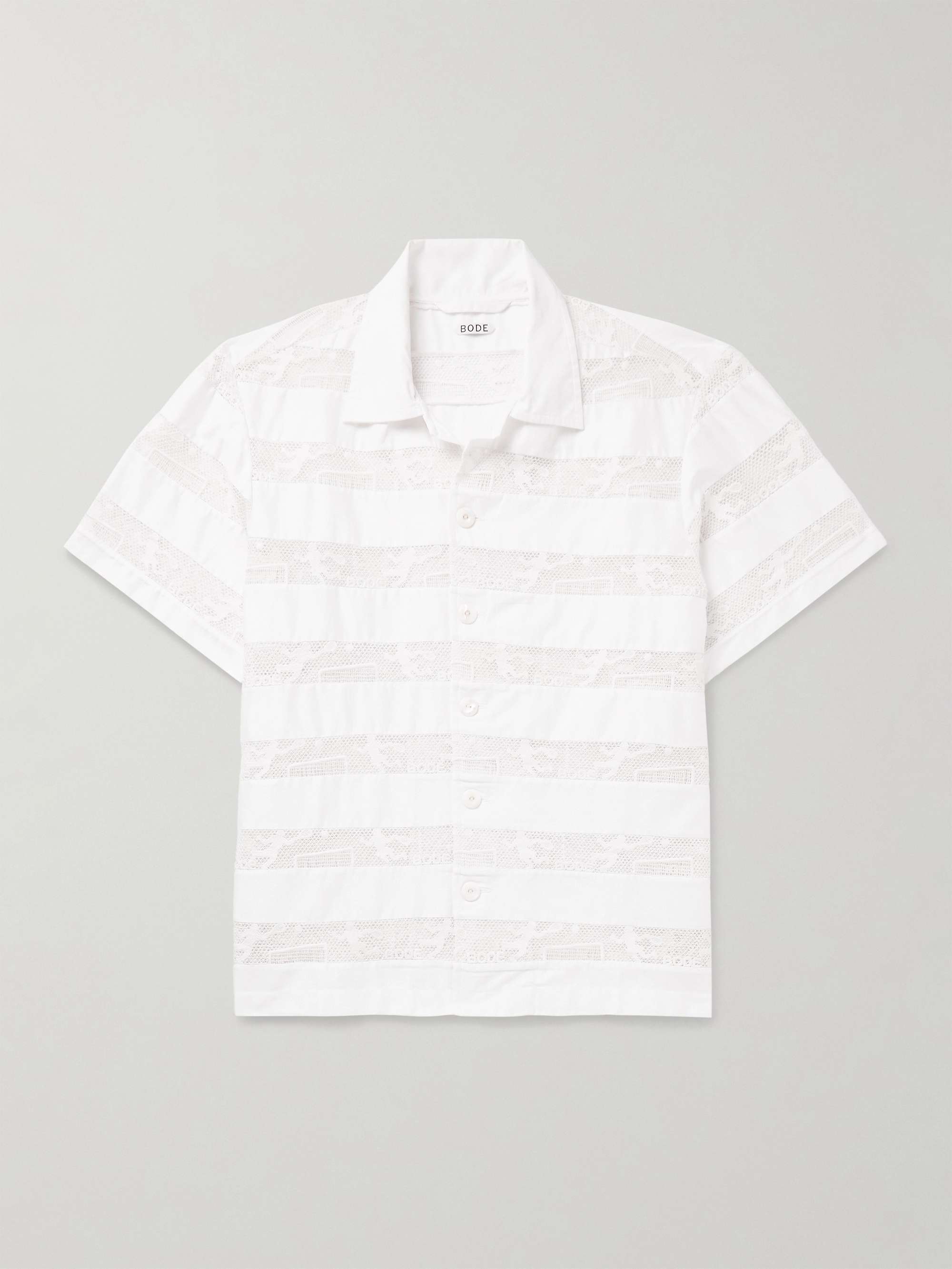 Camp-Collar Panelled Cotton-Poplin and Lace Shirt view