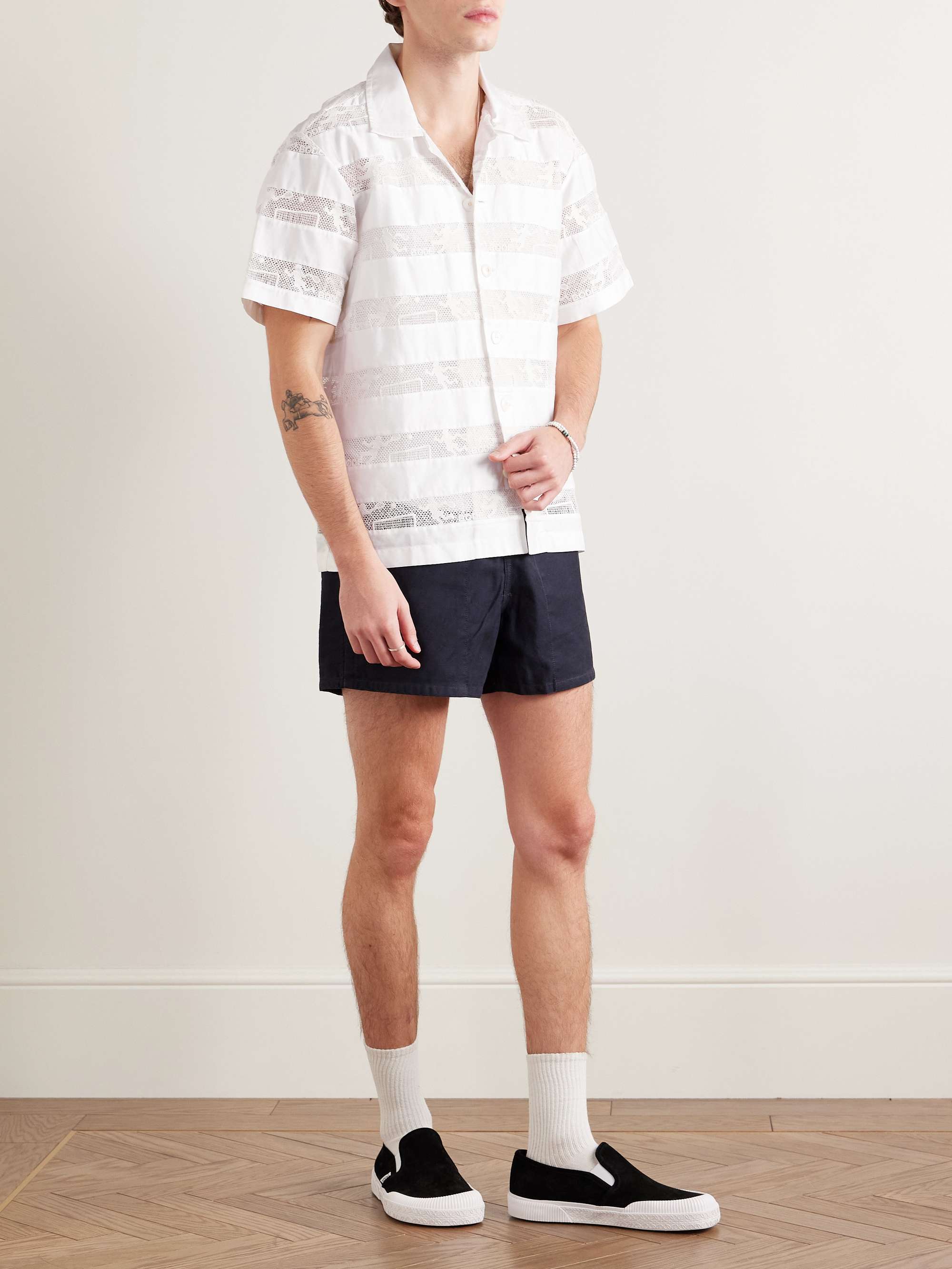 Camp-Collar Panelled Cotton-Poplin and Lace Shirt view