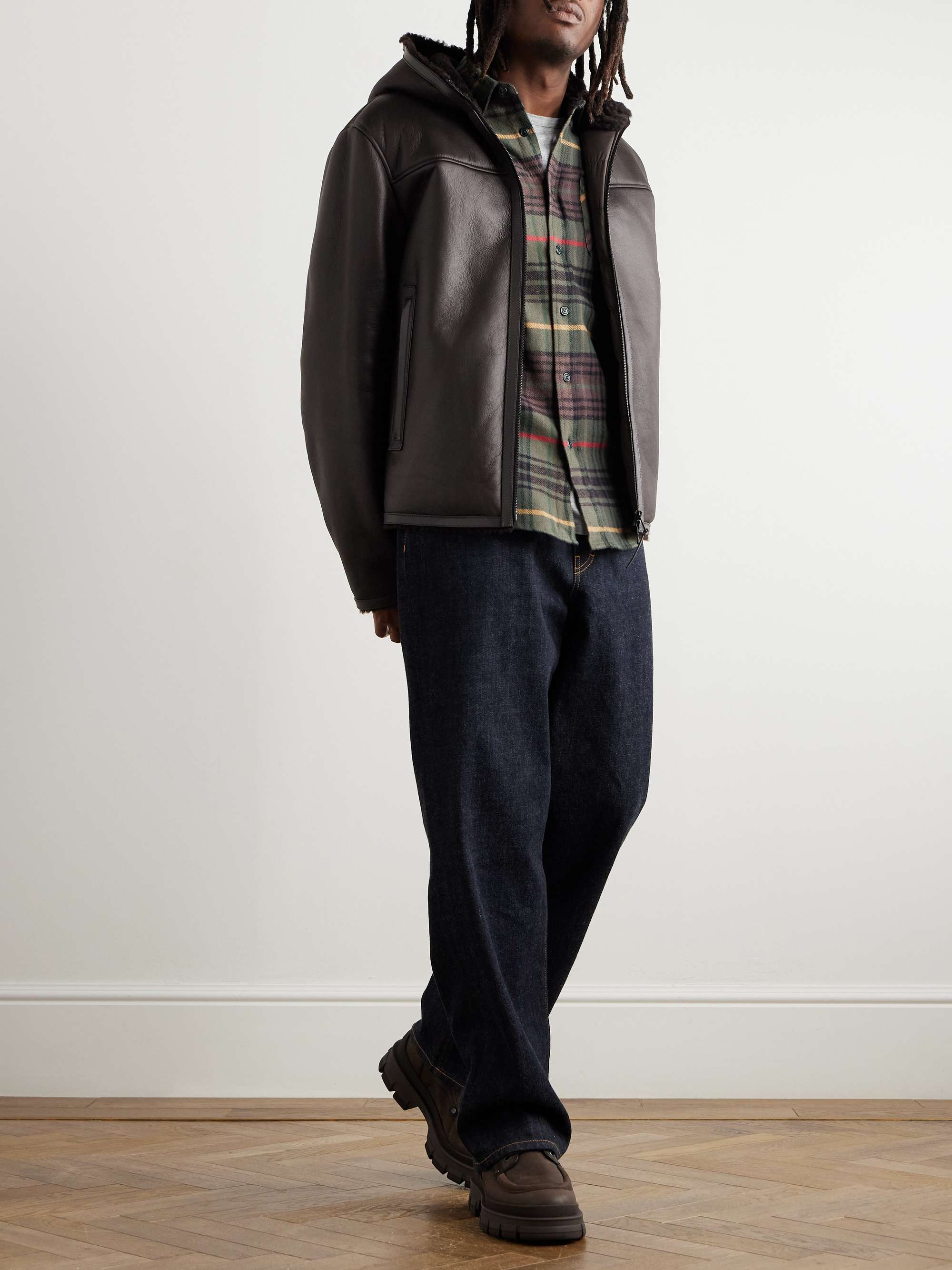 Charnassere Logo-Appliquéd Leather-Trimmed Shearling Hooded Down Jacket view
