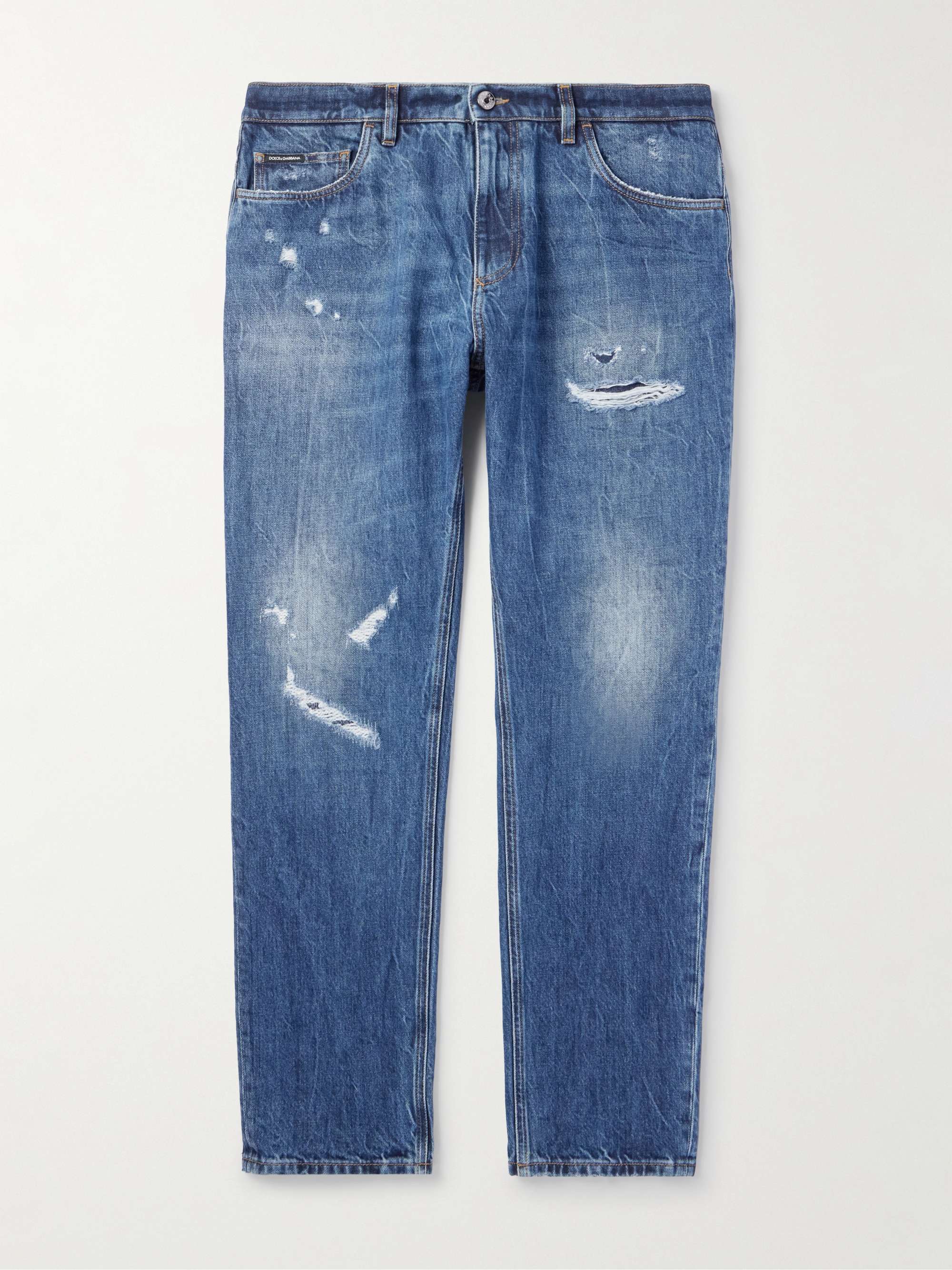 Slim-Fit Tapered Logo-Embroidered Distressed Jeans view