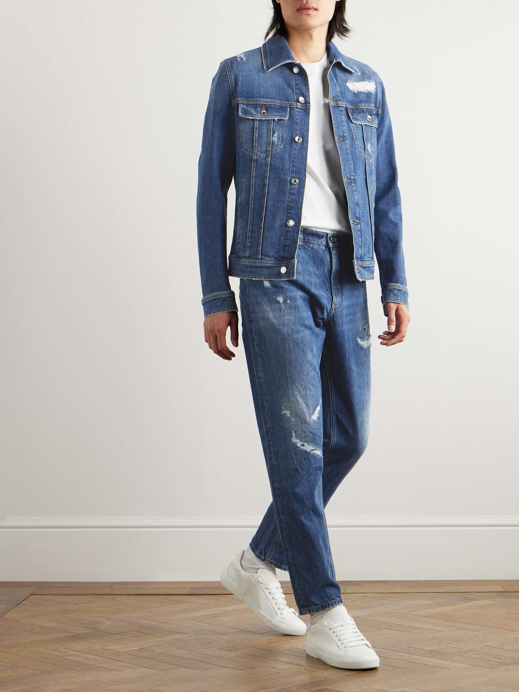 Slim-Fit Tapered Logo-Embroidered Distressed Jeans view