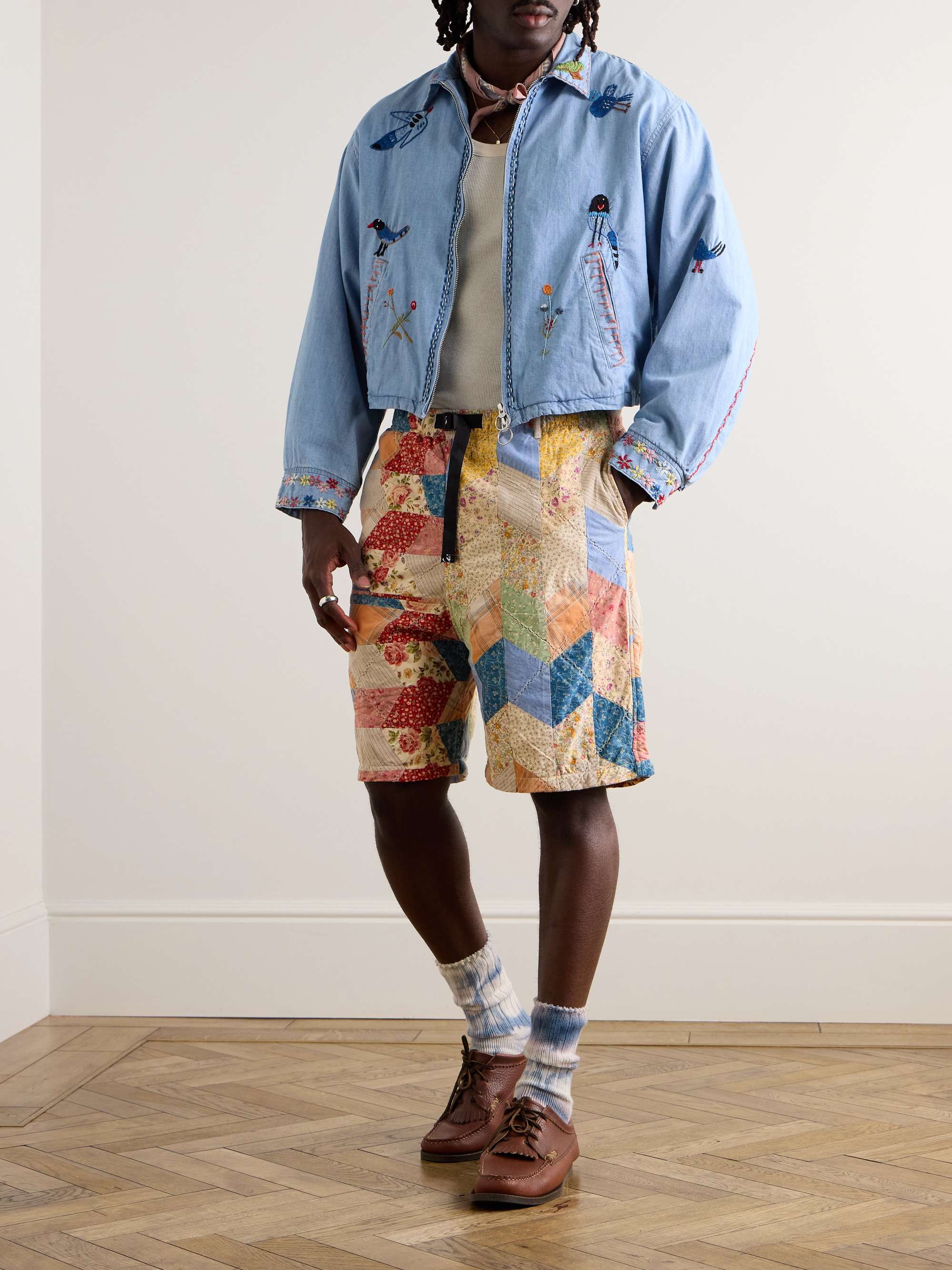 Easy Straight-Leg Quilted Patchwork Cotton and Linen-Blend Shorts view