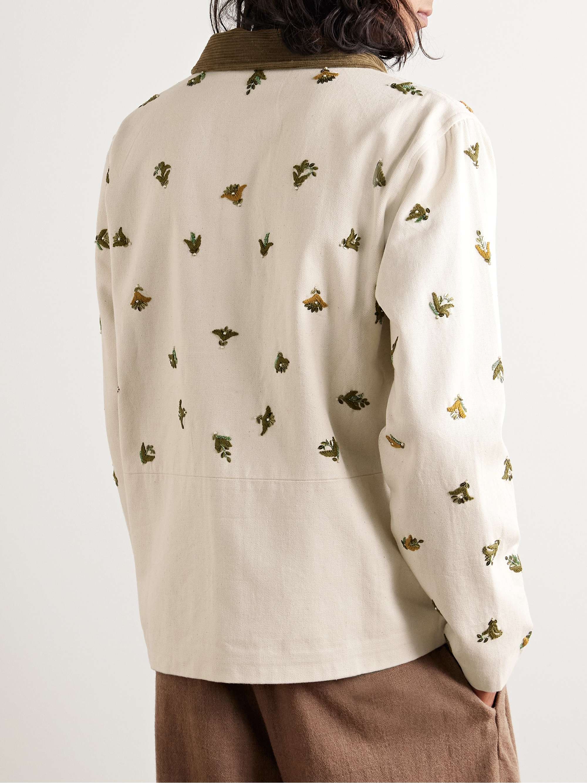 Corduroy-Trimmed Embroidered Embellished Cotton-Twill Jacket view
