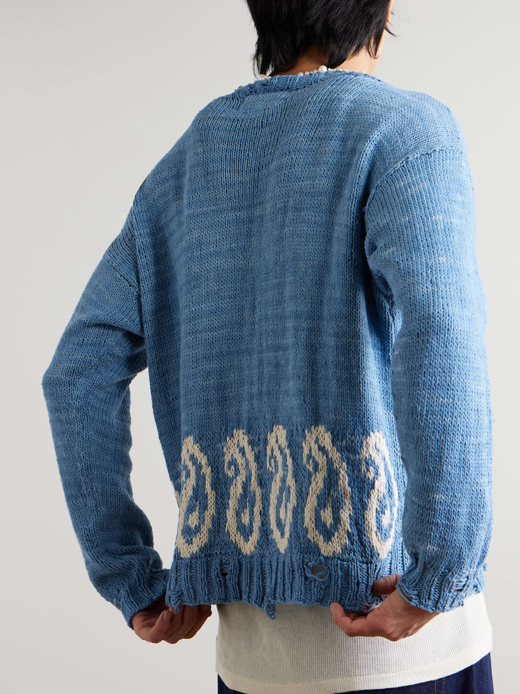 Distressed Intarsia-Knit Cotton Cardigan view