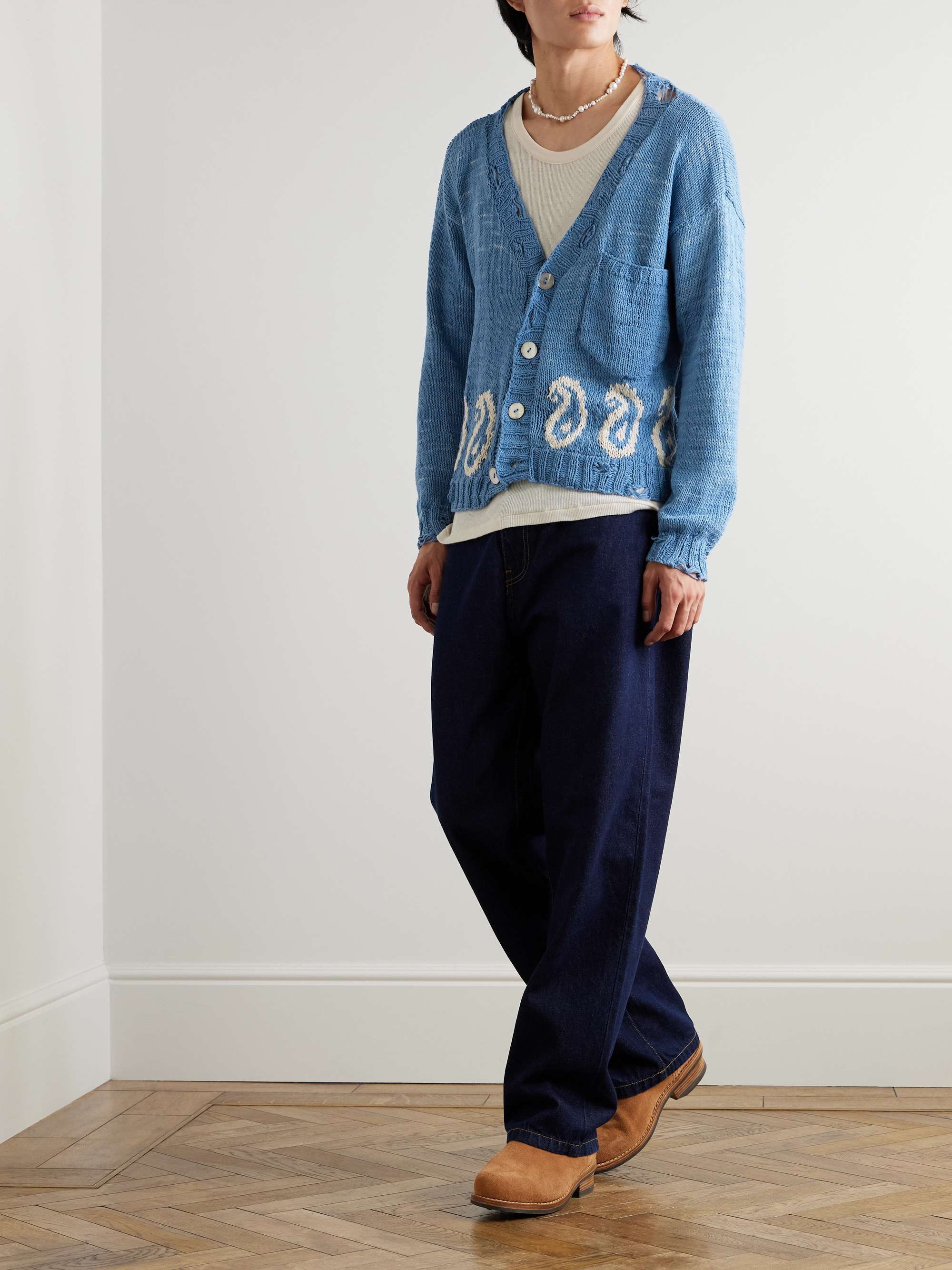 Distressed Intarsia-Knit Cotton Cardigan view