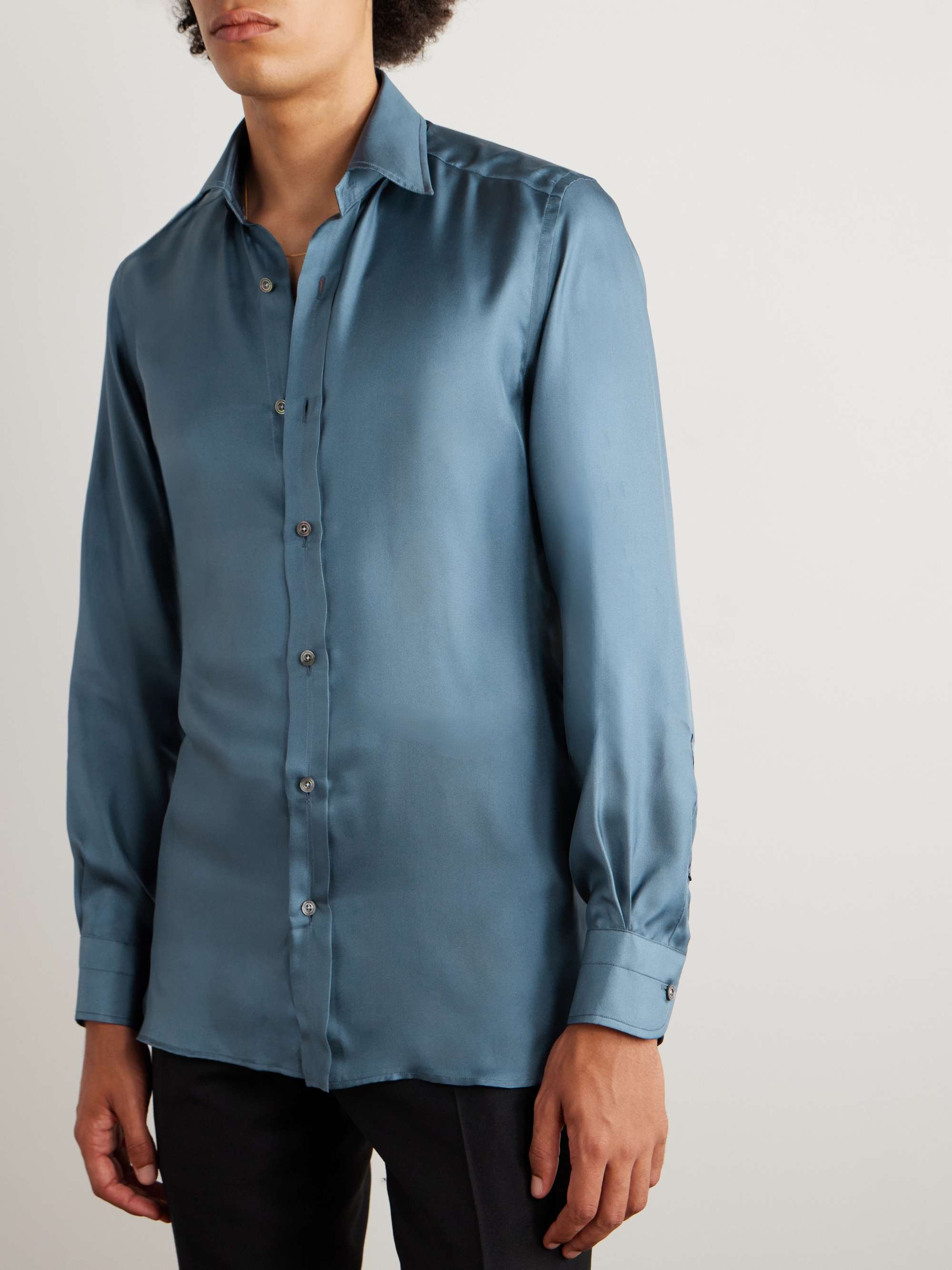 Slim-Fit Washed Silk-Twill Shirt view