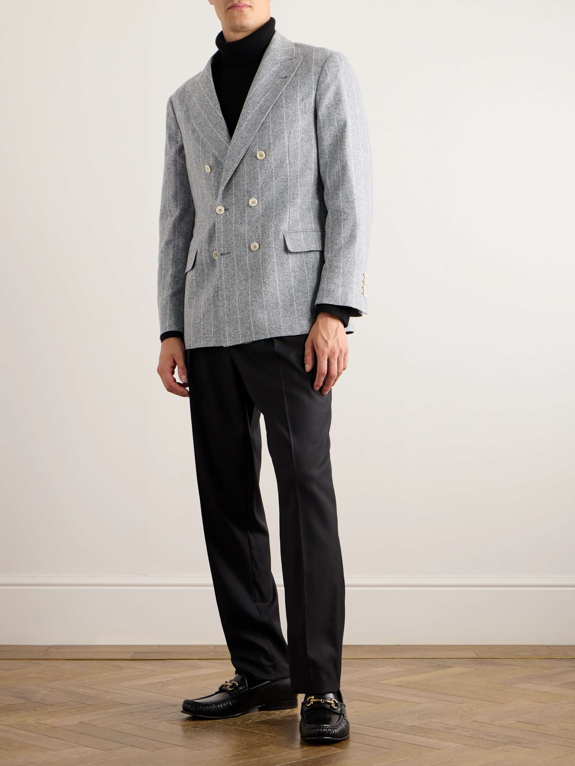 Double-Breasted Striped Silk, Wool and Cashmere-Blend Blazer view