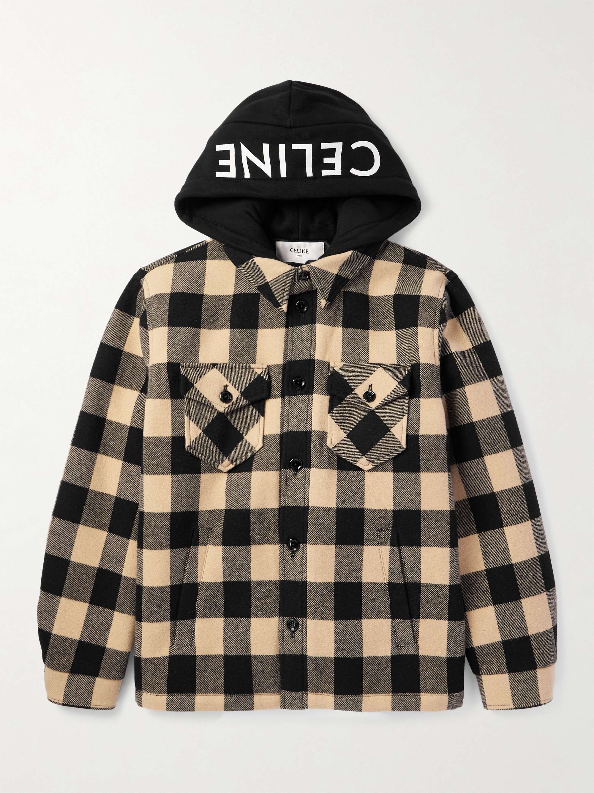 Logo-Print Cotton Jersey-Trimmed Padded Checked Wool Hooded Overshirt view