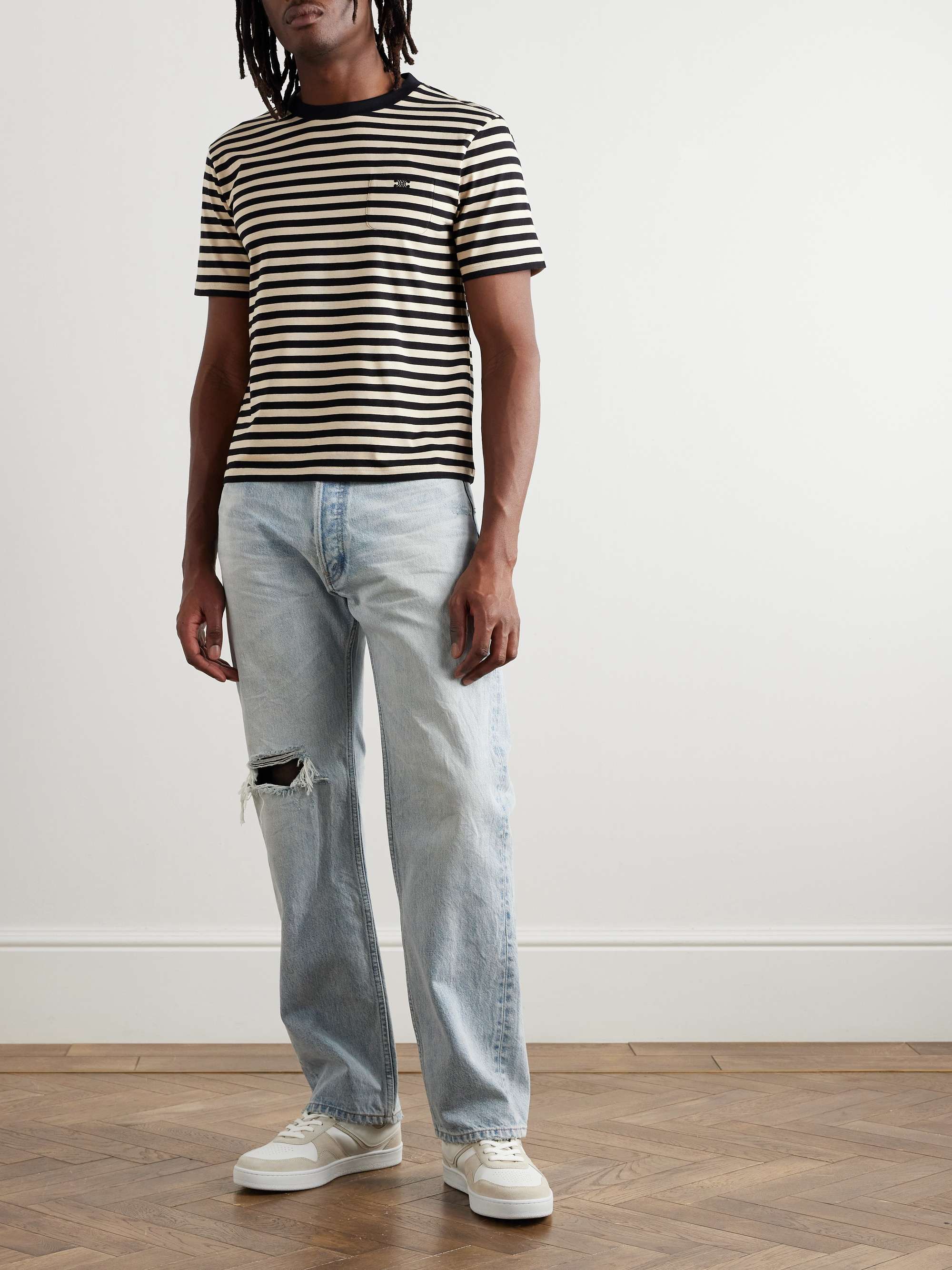 Triomphe Logo-Embroidered Striped Cotton-Jersey T-Shirt view