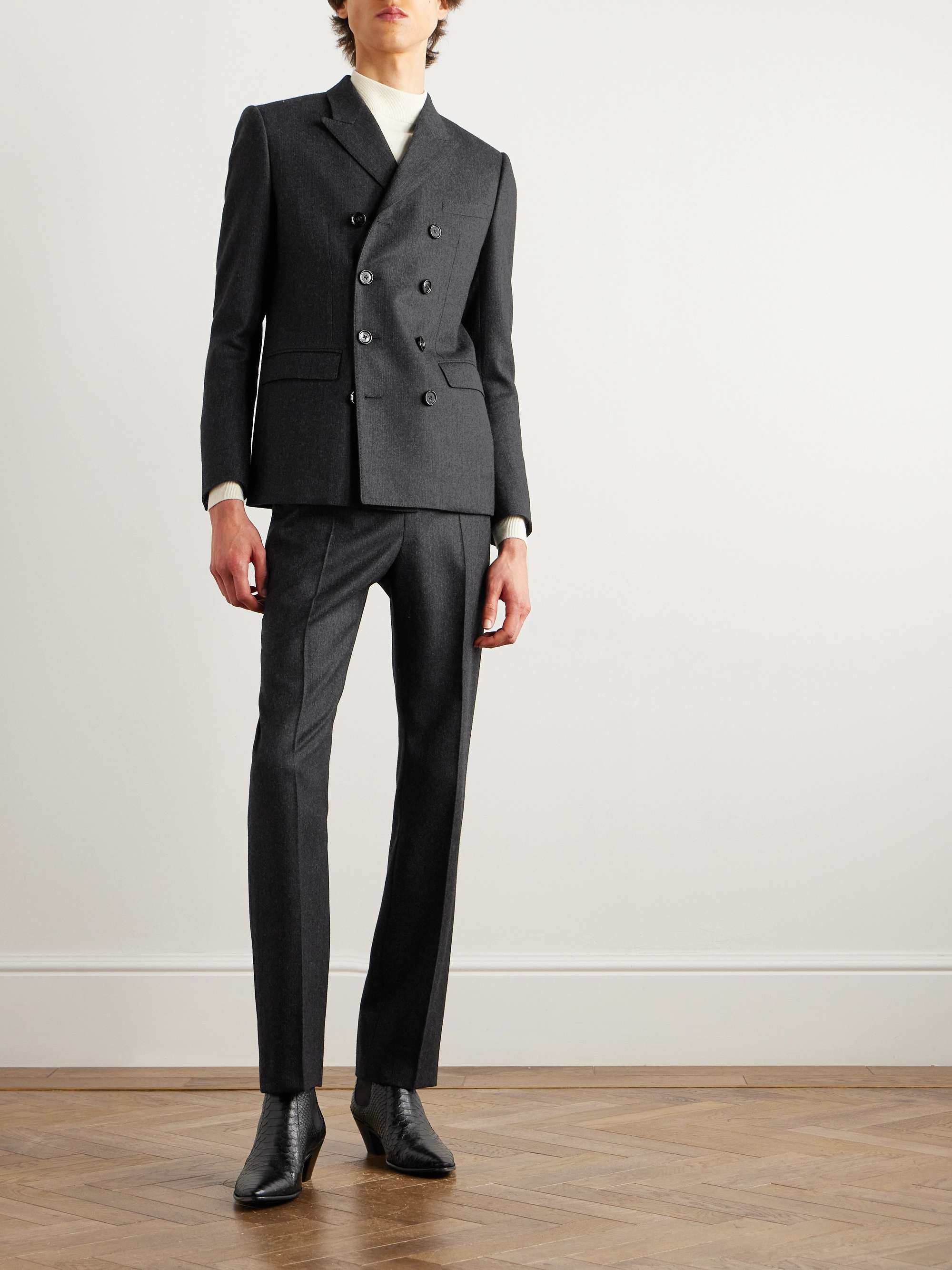 Slim-Fit Double-Breasted Pinstriped Brushed Wool-Twill Suit Jacket view