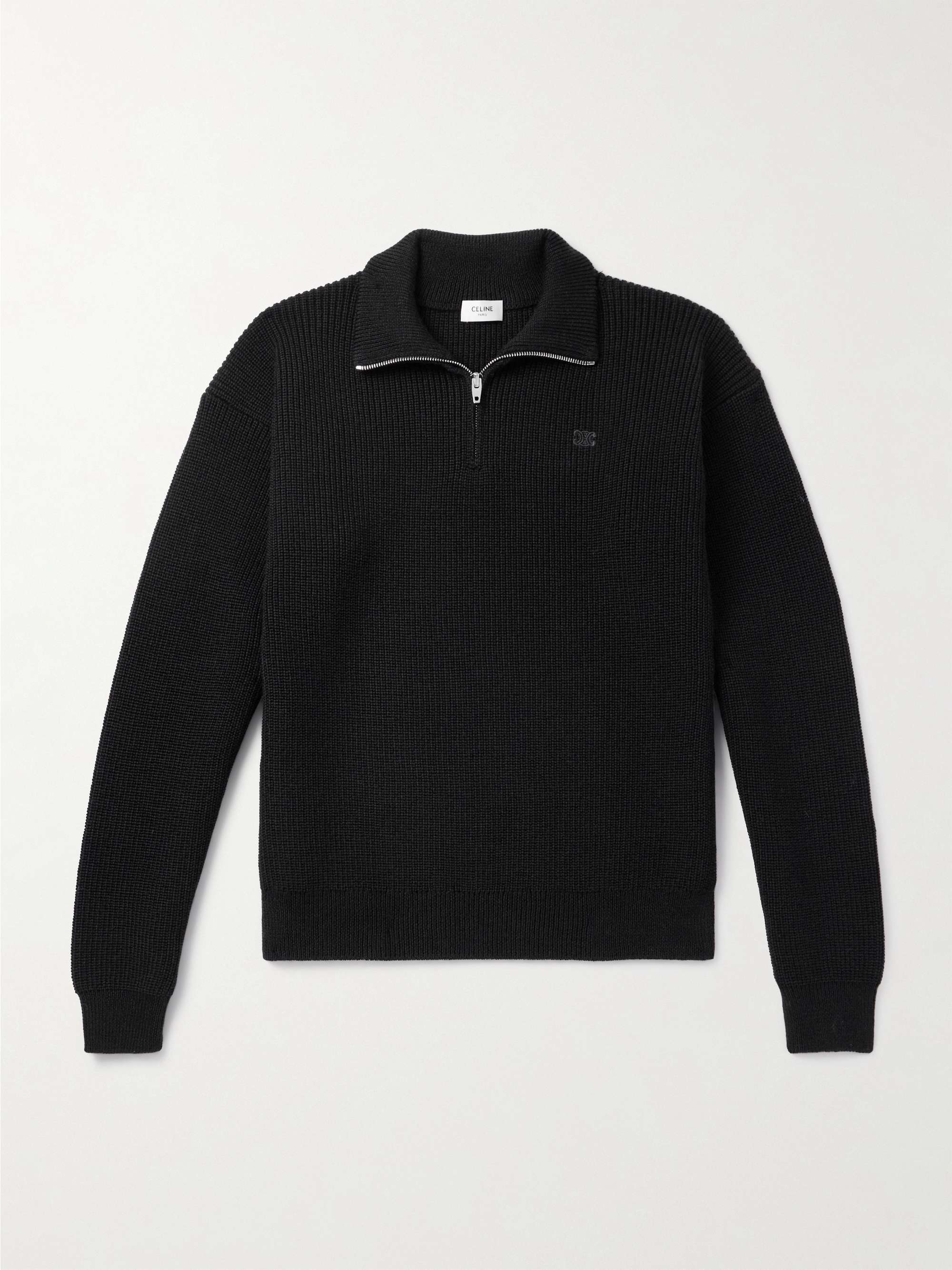 Logo-Embroidered Ribbed Wool Half-Zip Sweater view