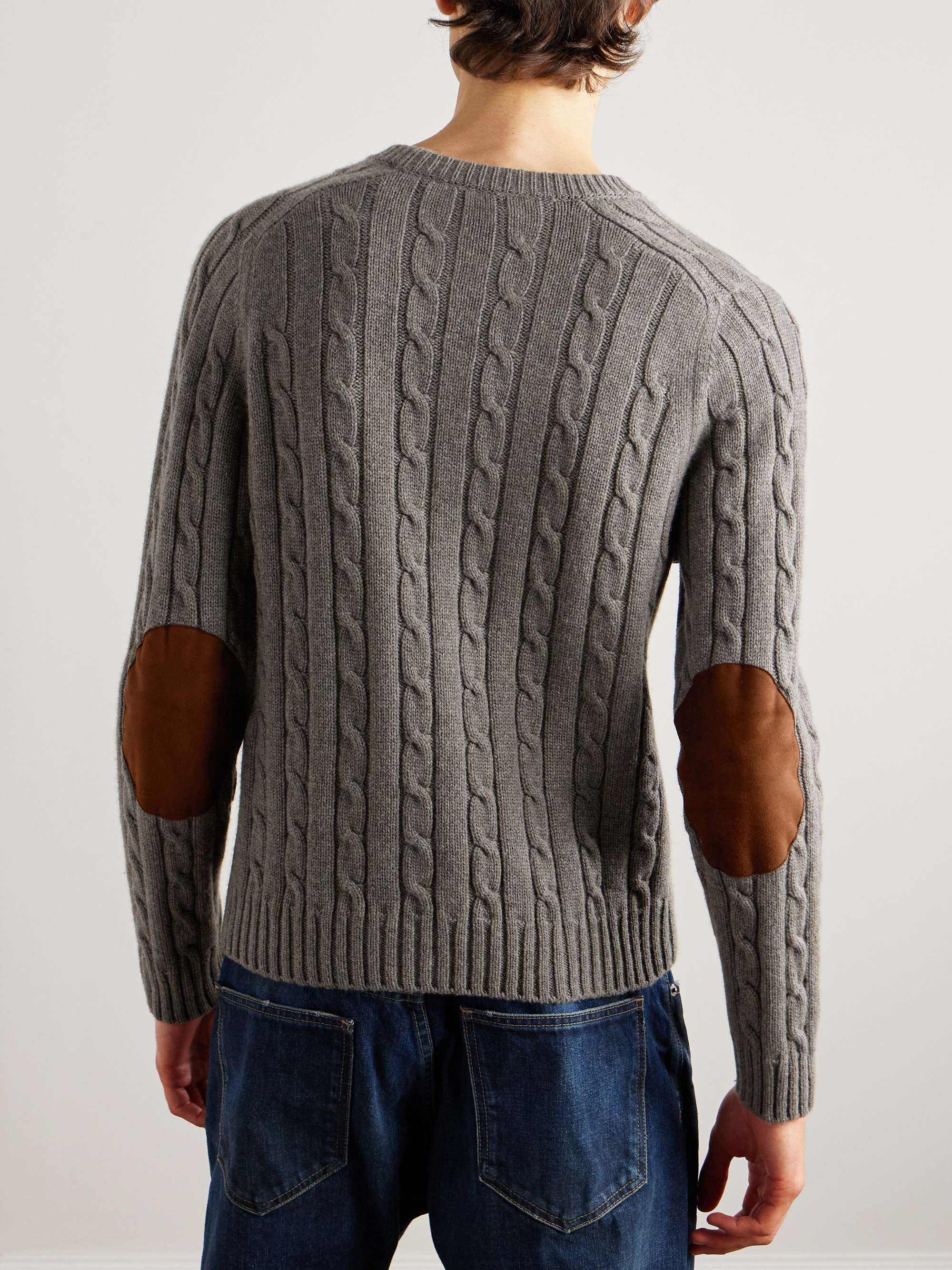 Logo-Embroidered Suede-Trimmed Cable-Knit Cashmere Sweater view