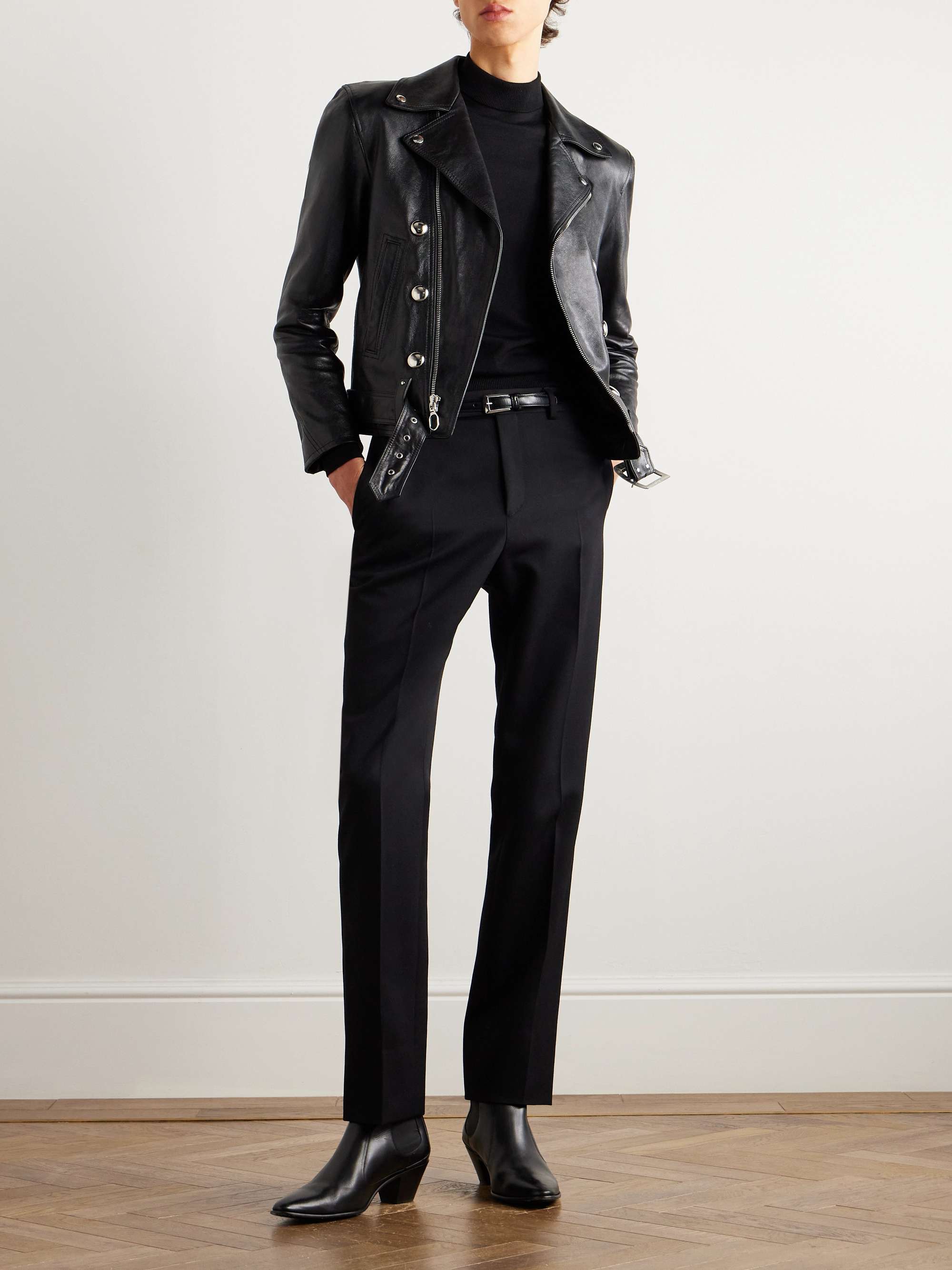 Slim-Fit Studded Belted Leather Biker Jacket view