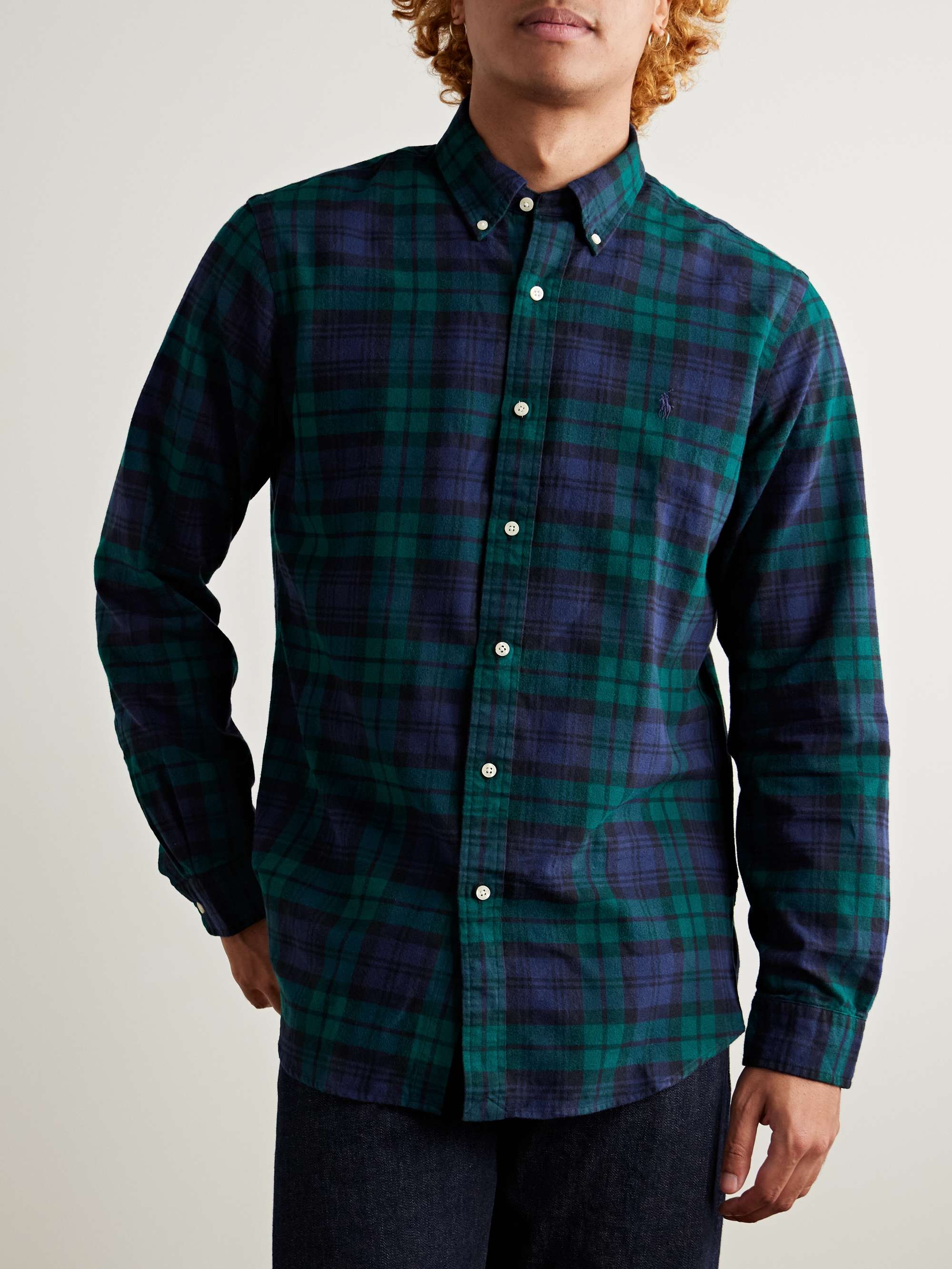 Button-Down Collar Logo-Embroidered Checked Brushed-Cotton Oxford Shirt view