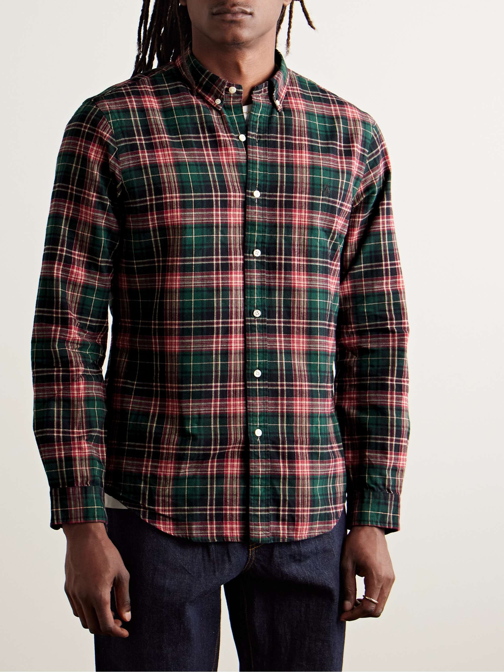 Slim-Fit Button-Down Collar Checked Cotton-Flannel Shirt view