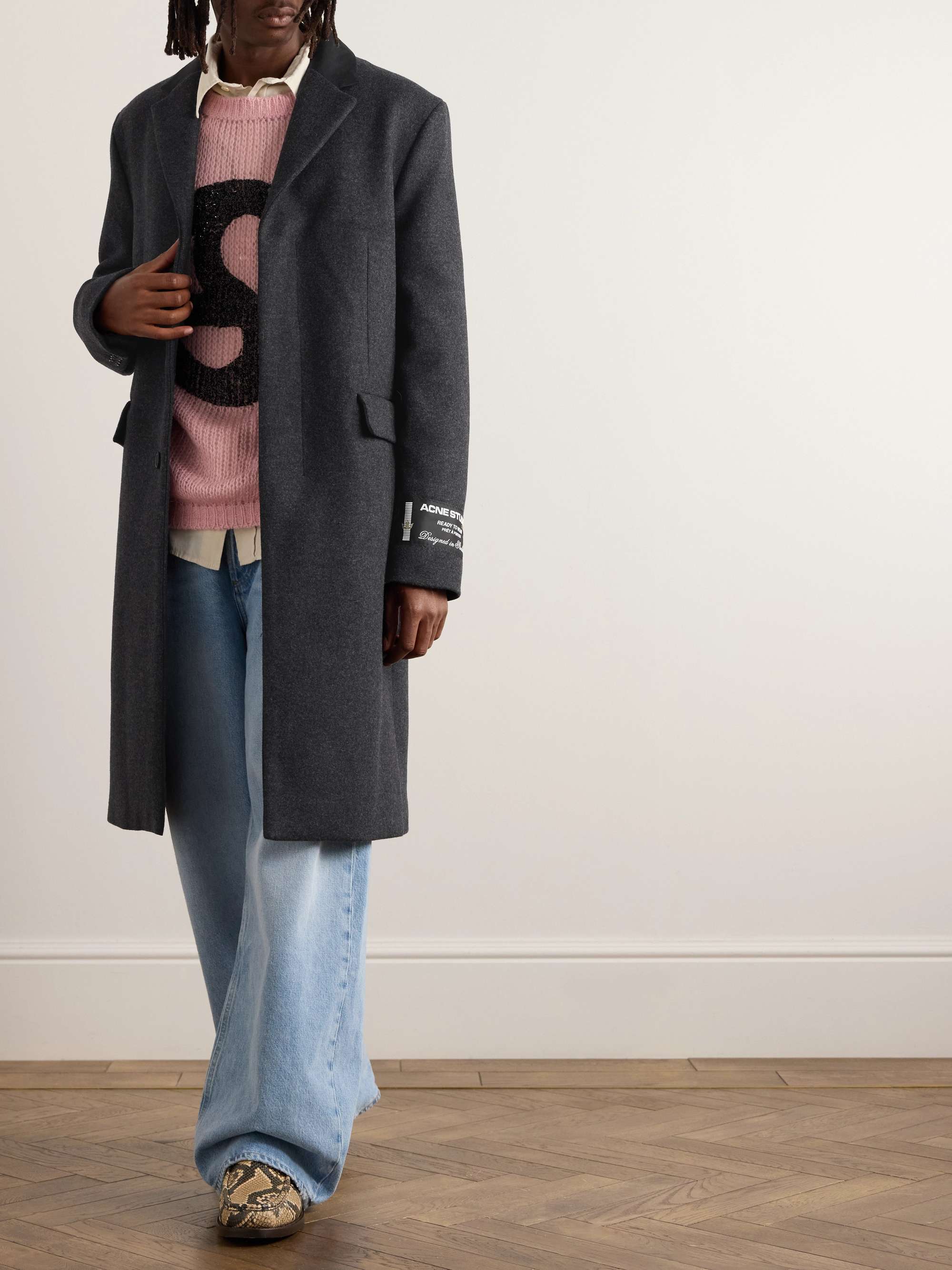 Orkar Logo-Appliquéd Grosgrain-Trimmed Brushed Wool-Blend Coat view