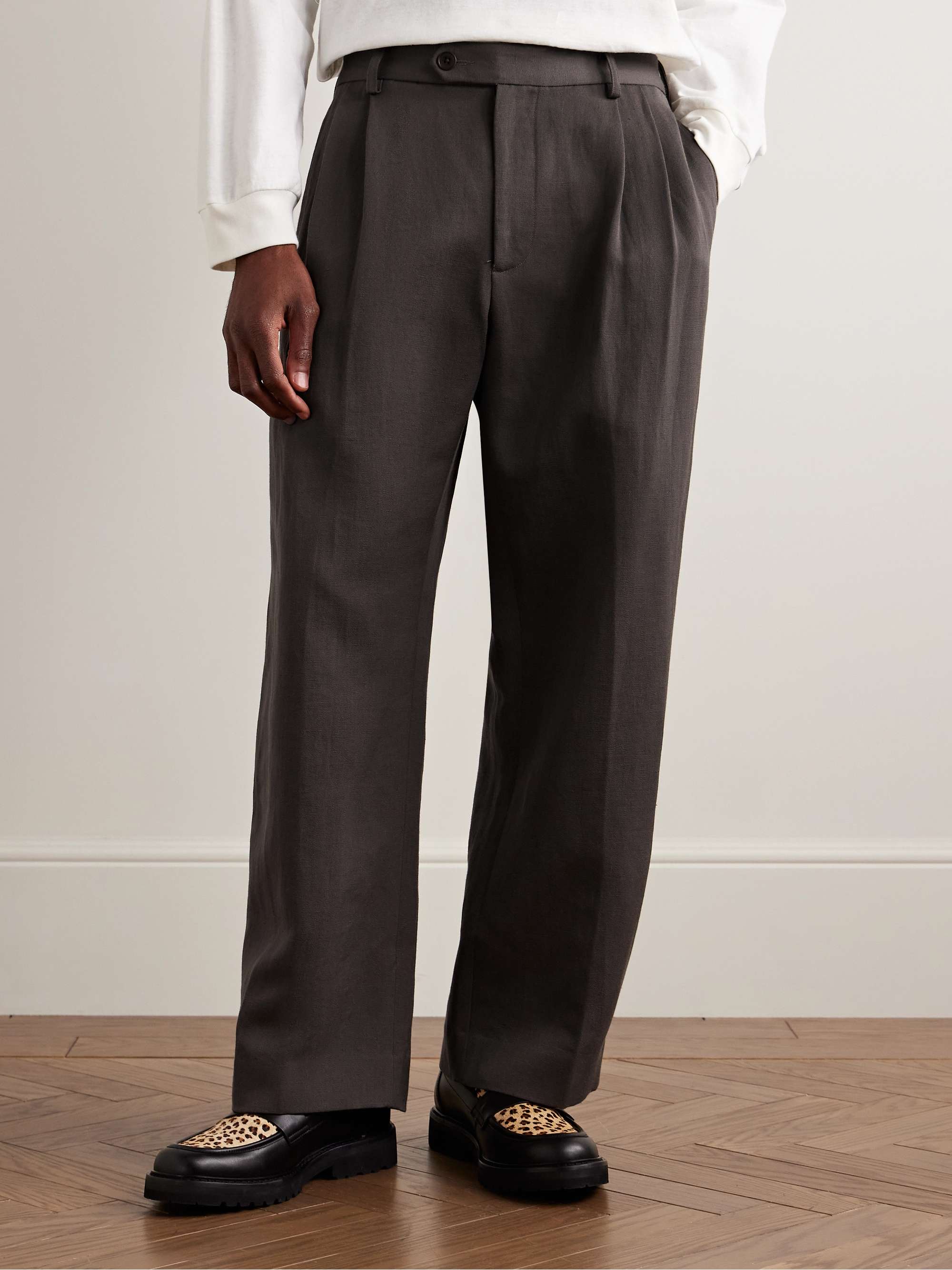 Wide-Leg Pleated Slub Linen and Wool-Blend Trousers view