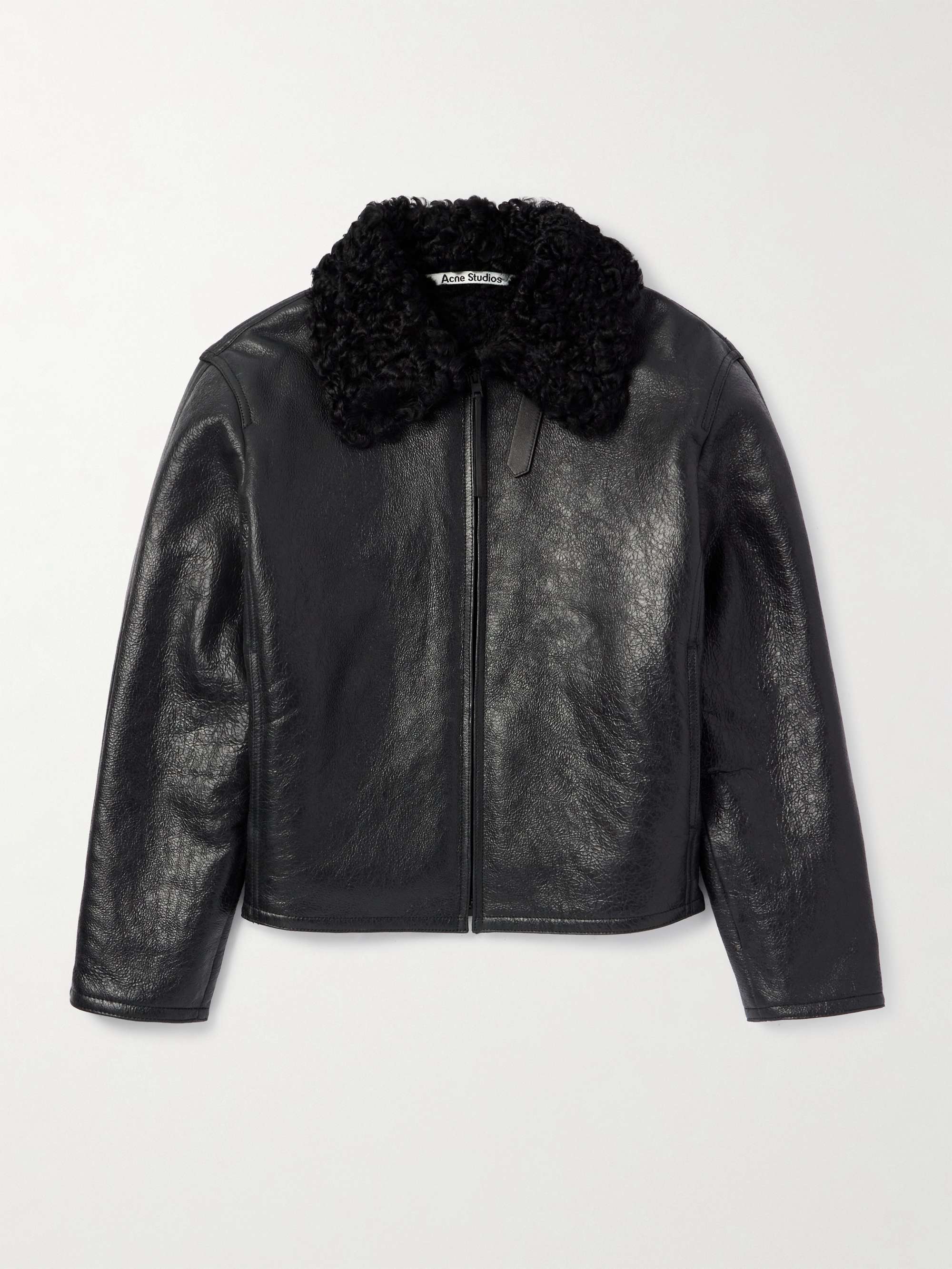 Shearling-Trimmed Cracked-Leather Jacket view