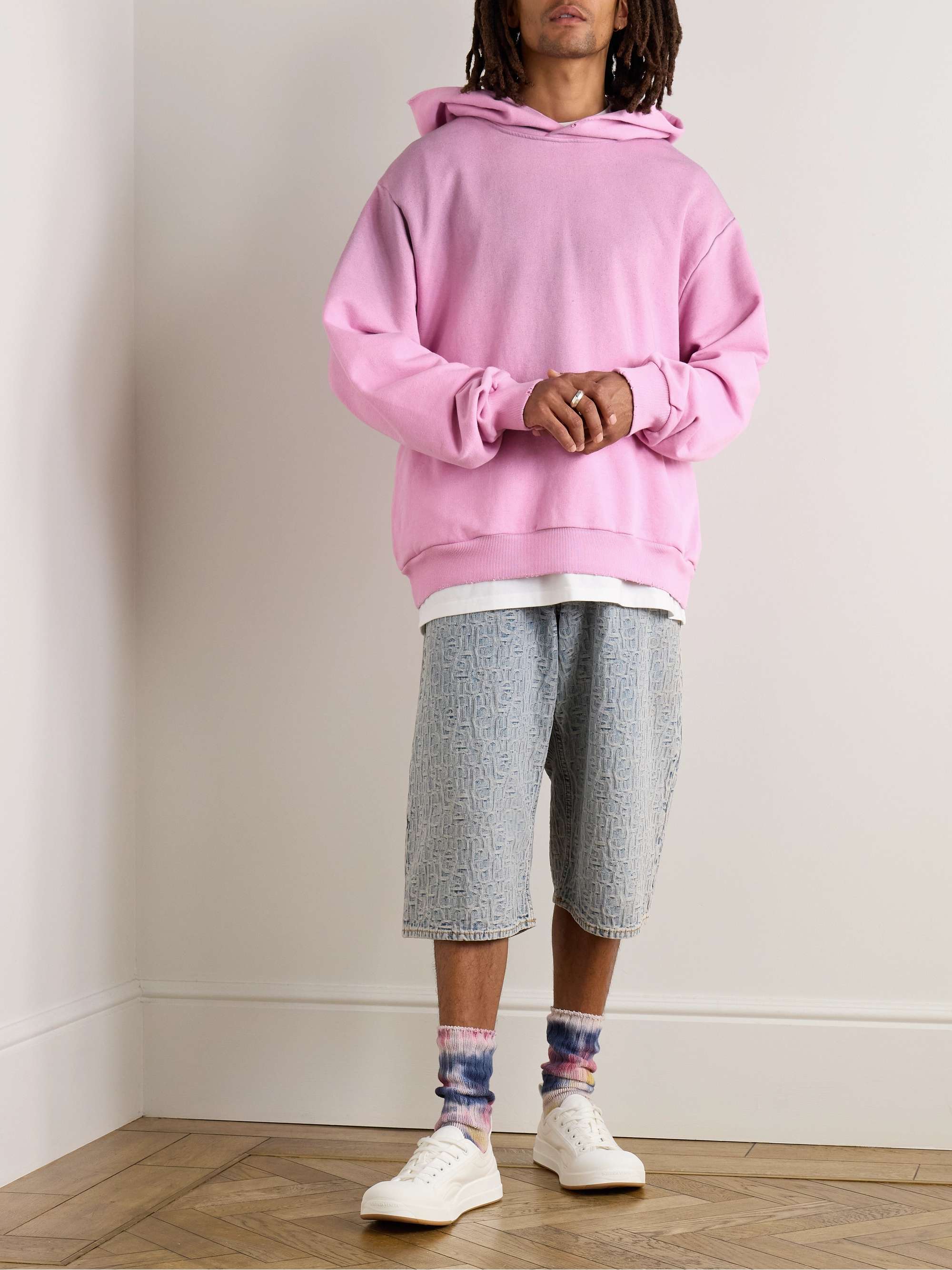 Garment-Dyed Distressed Logo-Print Cotton-Blend Jersey Hoodie view